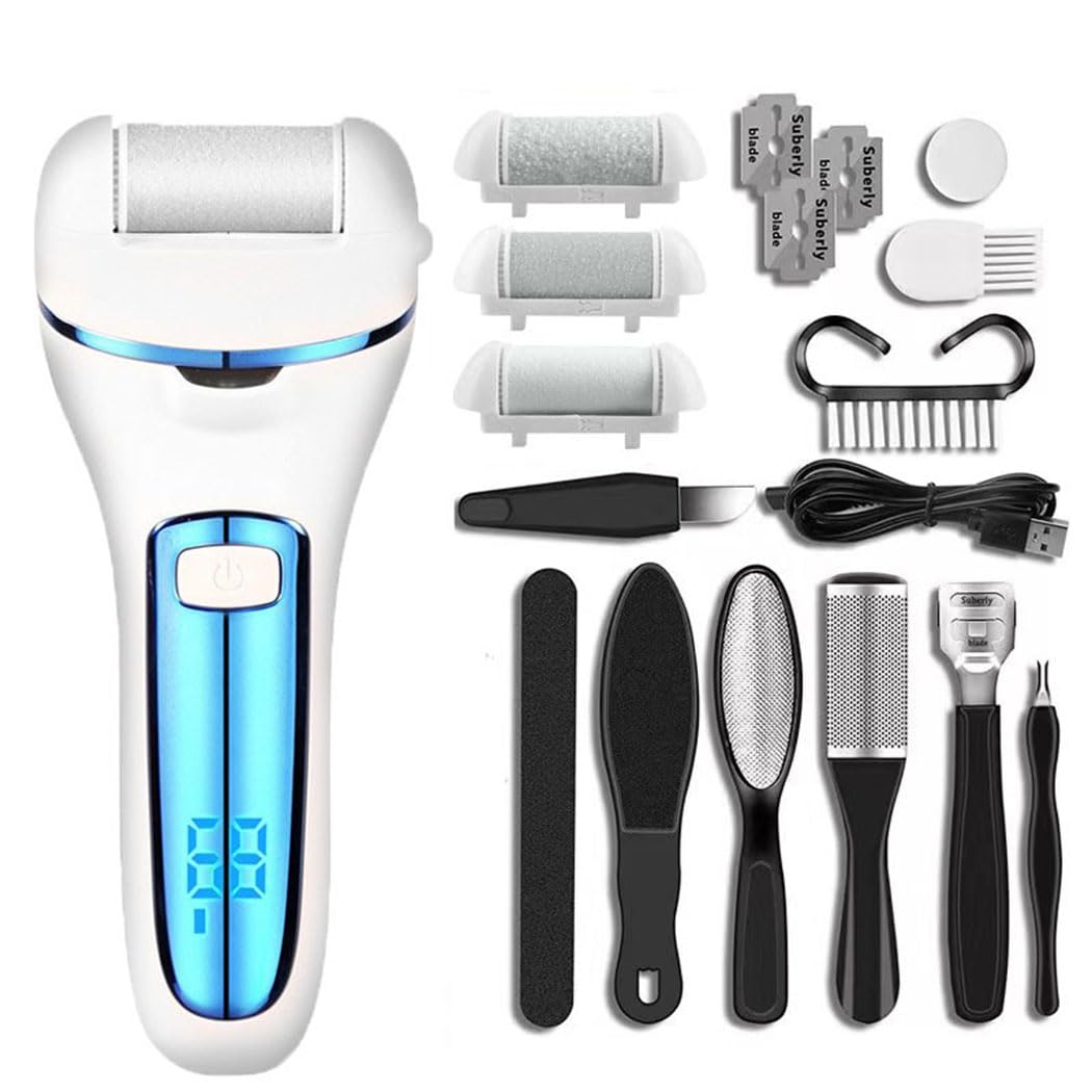 QniceoneElectric Foot File Remover Kit, Electric Hard Skin Remover Rechargeable, 10 in 1 Pedicure Tools Feet Foot Care Kit with 3 Roller Heads for Cracked Heels Calluses Dead Skin, Digital Display