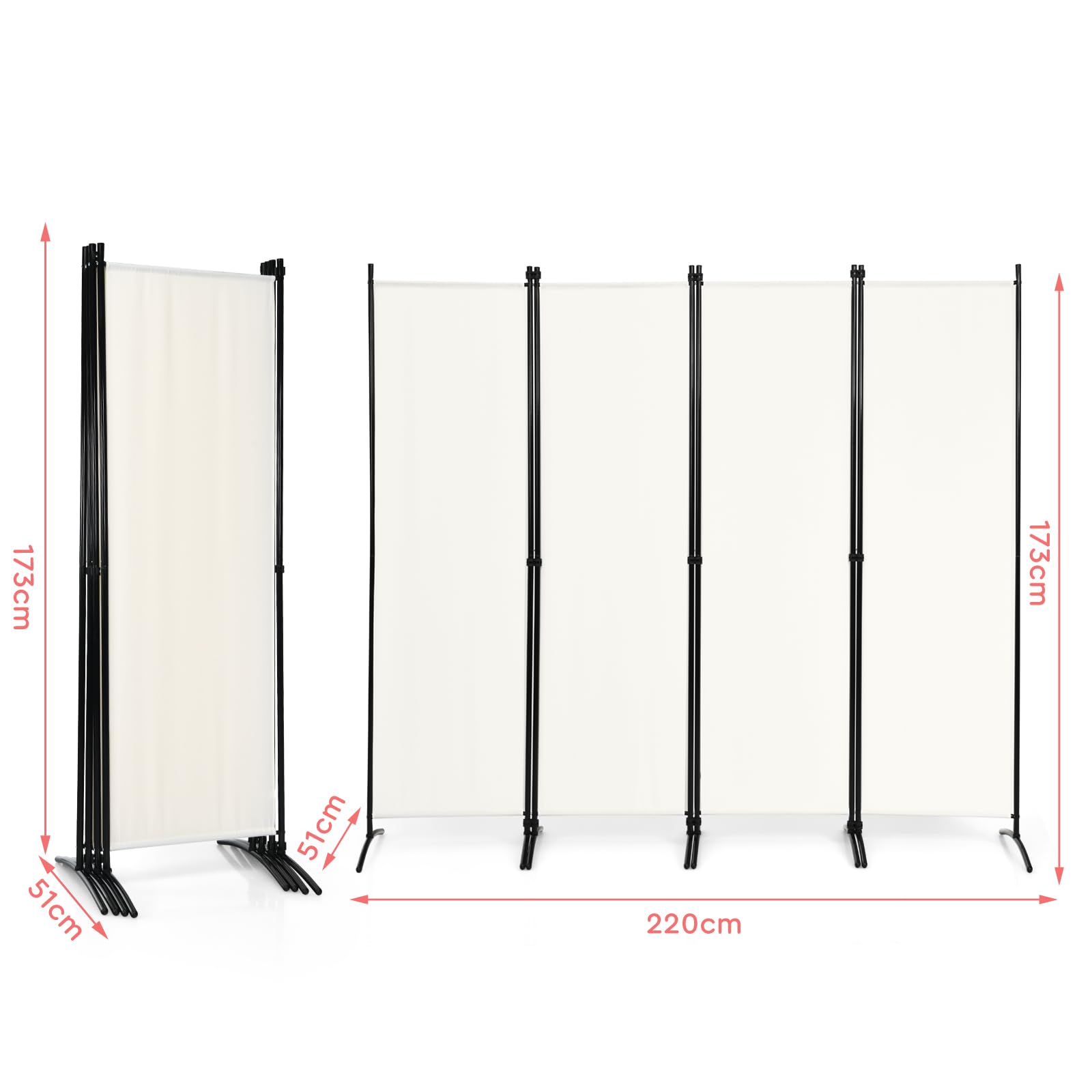 LIFEZEAL Divisorio a 4 Pannelli, Separè per Interno, Esterno, Paravento Pieghevole, Parete Divisoria, Telaio in Metallo, con Base Stabile, Protezione di Privacy, Separatore di Spazio, Byobu, Bianco
