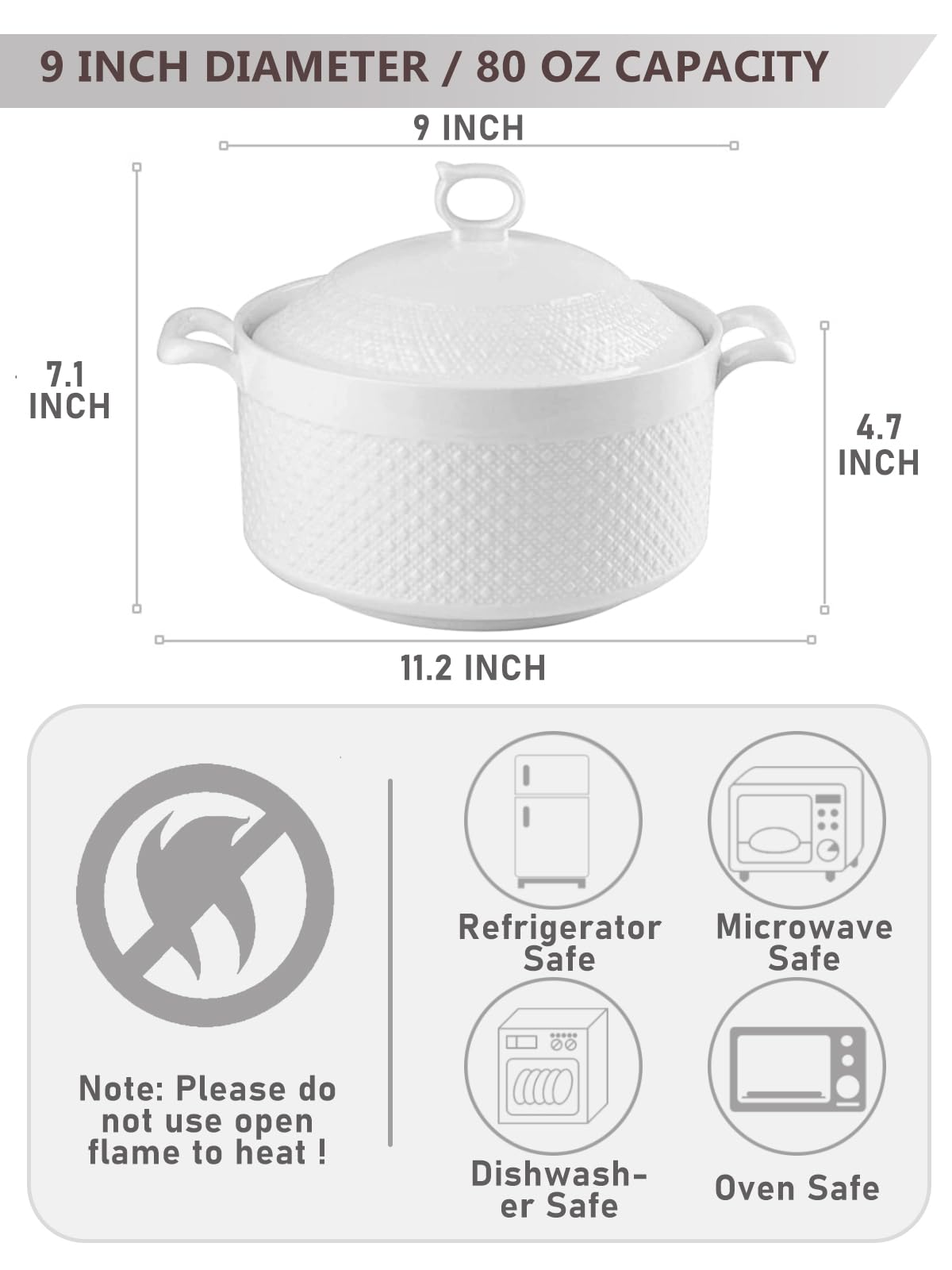 TAOCIGOU White Creamic Soup Tureen with Lids, 2.4 Liter oz Large Porcelain Soup Serving Bowl with Handle, Microwave & Dishwasher & Oven safe