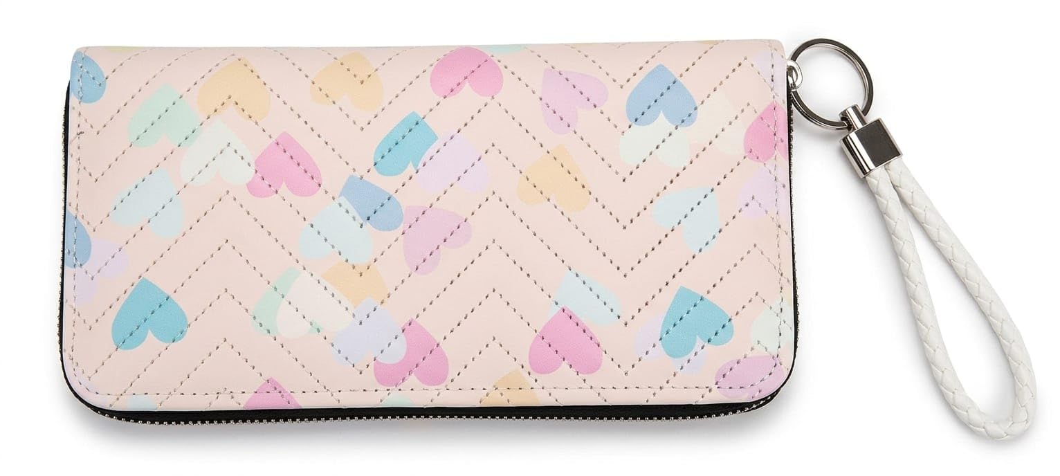 Women's PU Leather Zip Wallet with Wrist Strap, Cute Pastel Heart Pattern, Compact Card & Cash Holder, Stylish Wallet for Girls and Women White-picture-55