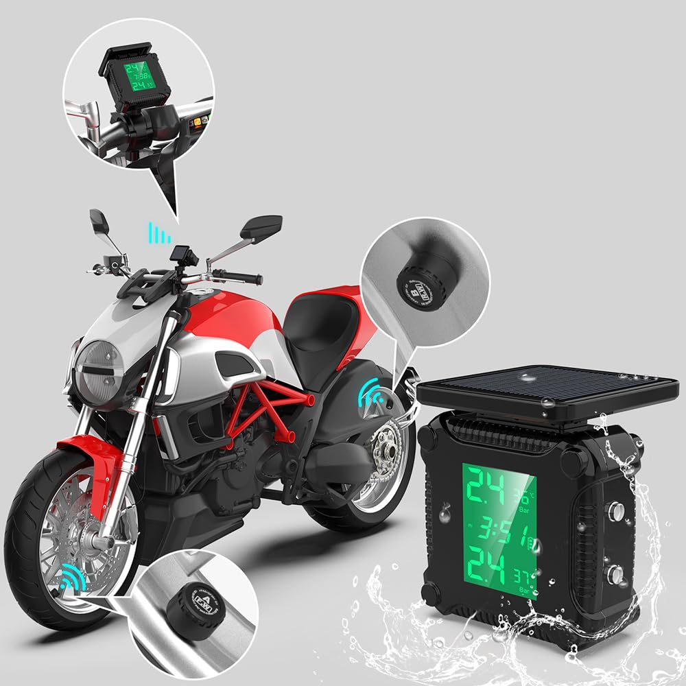 POFET Reifendruckkontrollsystem Motorrad TPMS Kabelloser Motorrad, USB-Aufladung Einstellbare Helligkeit Tpms Motorrad mit LCD-Display 2 Externen Wasserdicht Sensore Auto-Alarmsystem