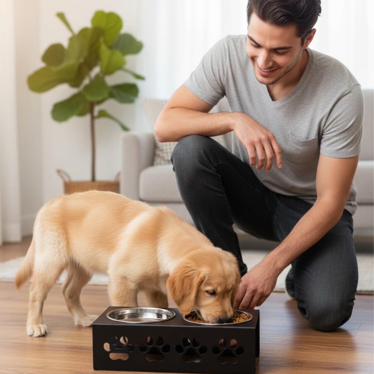 Black Metal Premium Stylish Dog Bowl Stand | Large Stainless Steel Dog Bowls (Set of 2) for Dogs for Food & Water | 6" Height Food Bowl with Stand | Paw Design, Non-Slip, Raised Pet Feeder, Rustproof 3