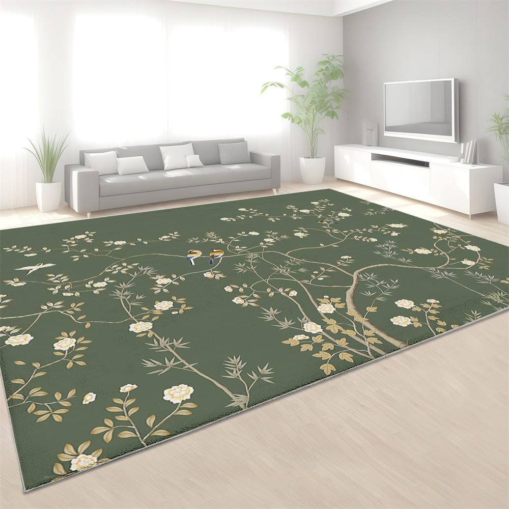 Area Rugs Tappeto soffice per camera da letto, morbido, in stile cinese, motivo floreale con viti e uccelli, tappeto antiscivolo, per soggiorno, balcone, decorazione per la casa, 140 x 200 cm