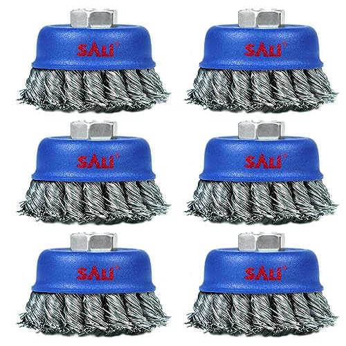 SALI 6 Pack Wire Cup Brush, 3 Inch Twisted Knotted Cup Brush for Grinders, with 5/8-11 Inch Arbor for Heavy Cleaning Rust, Stripping and Abrasive, for Angle Grinder