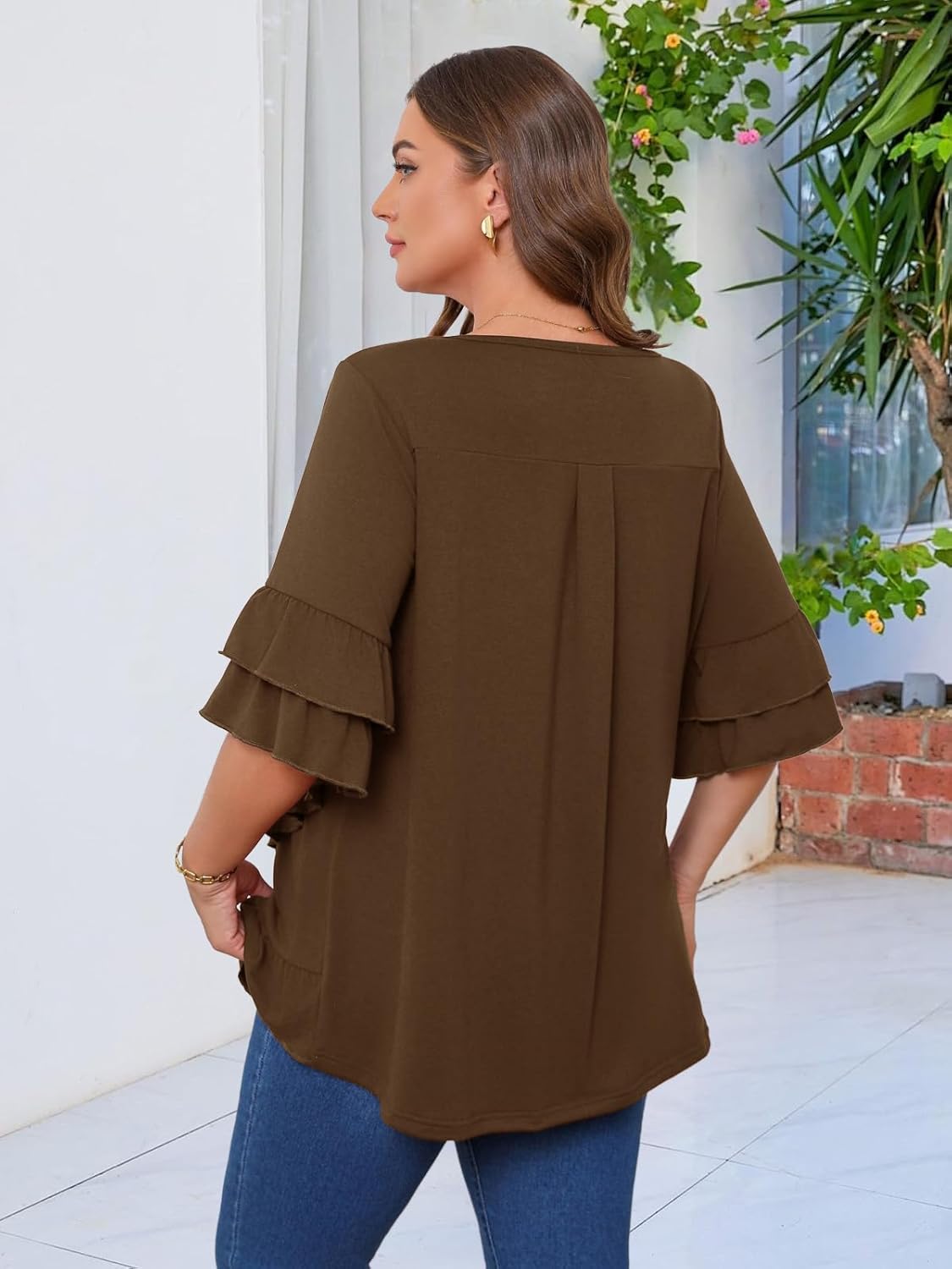 Beauhuty Womens Plus Size Tops Square Neck Tunic Double Ruffles Hem 3/4 Sleeve Shirt Casual Trendy Flow Loose Dressy Blouse - Image 4