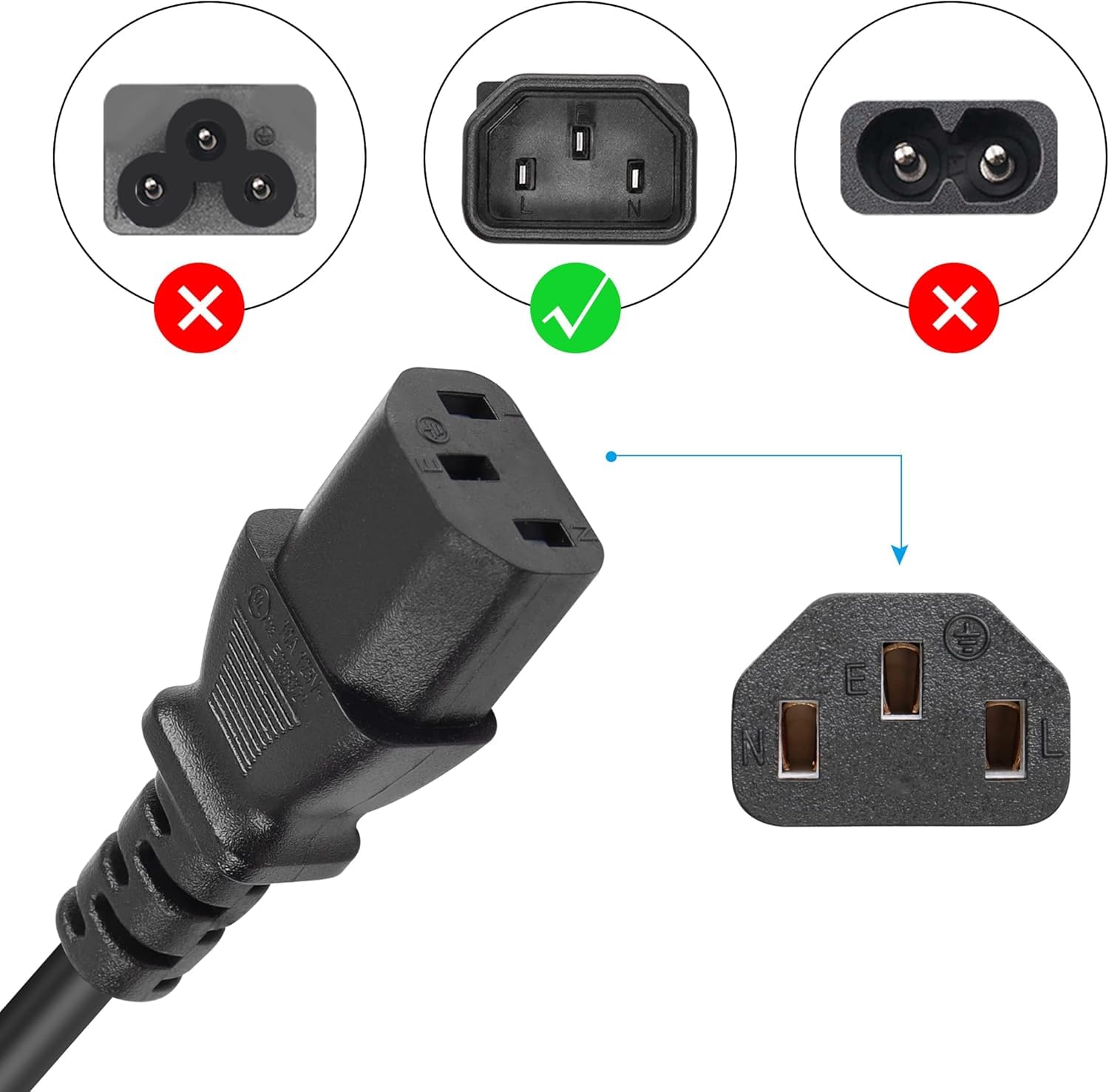 Cavo a spirale a 3 pin, 18 AWG, 125 V, 10 A, 2,5 m, adatto per TV, computer, stampante, radio, monitor, laptop, ecc. (Nero)