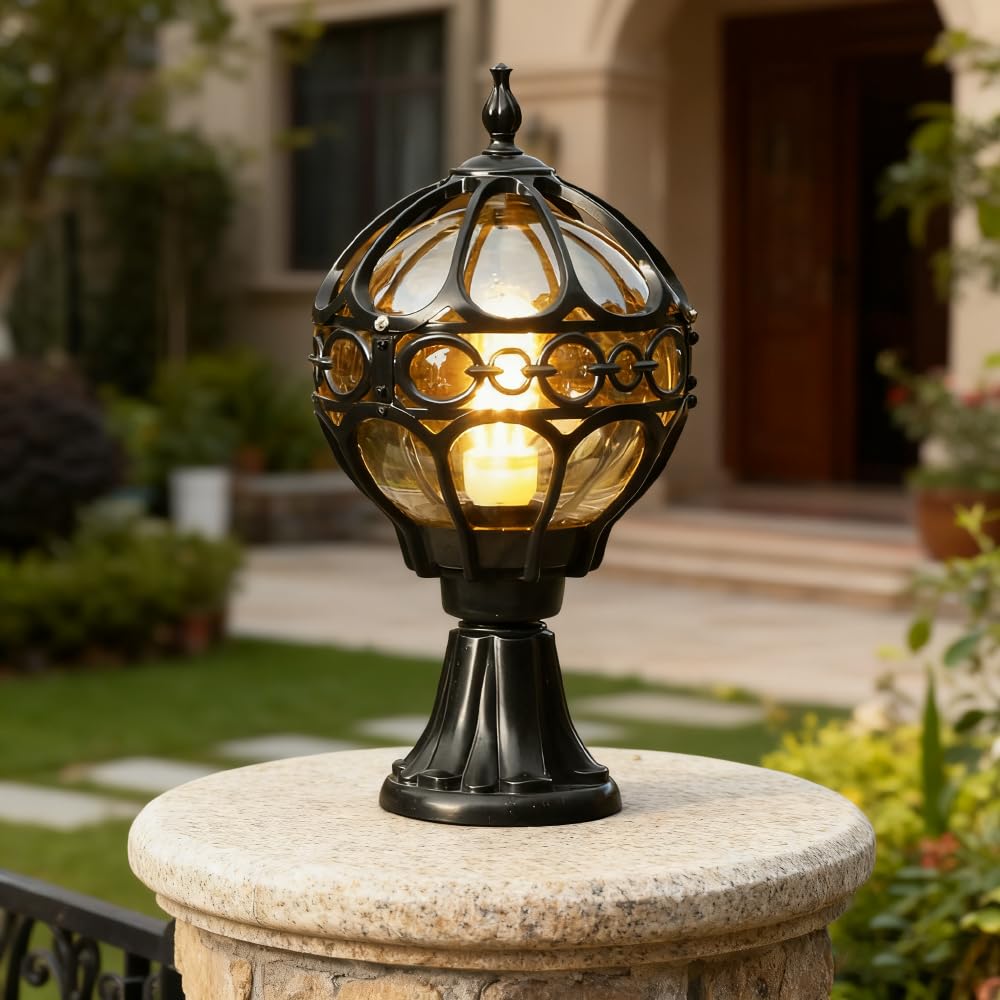 XINYASEE Ball Ground lamp Black/Gold, Outdoor Fence lamp, Villa Side Column Lamps, Suitable for Pool Terrace Road Garden, IP65, E27 Glass lampshade, Without Bulb (Black)