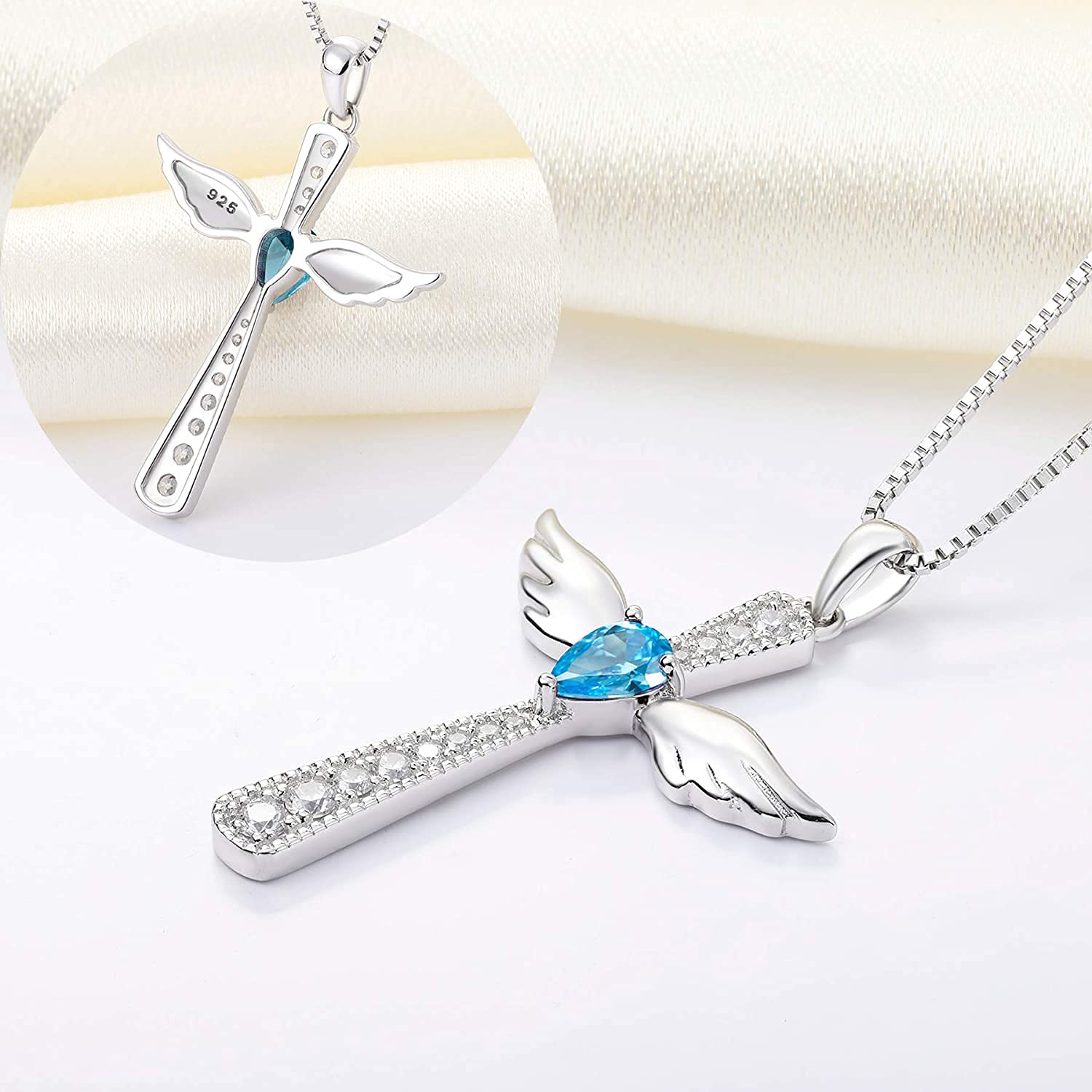 YL Collar con una cruz Ala de ángel Plata de ley 925 12 Piedras de nacimiento Circonita Colgante de ángel de la guarda para mujer, Cadena 45 + 3 CM