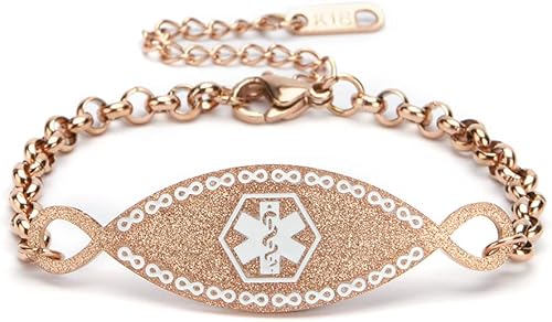 Pulsera de alerta médica trenzada hecha a mano para mujer, pulsera de identificación de oro rosa, pulsera de emergencia de cuerda tejida de 5.5 a