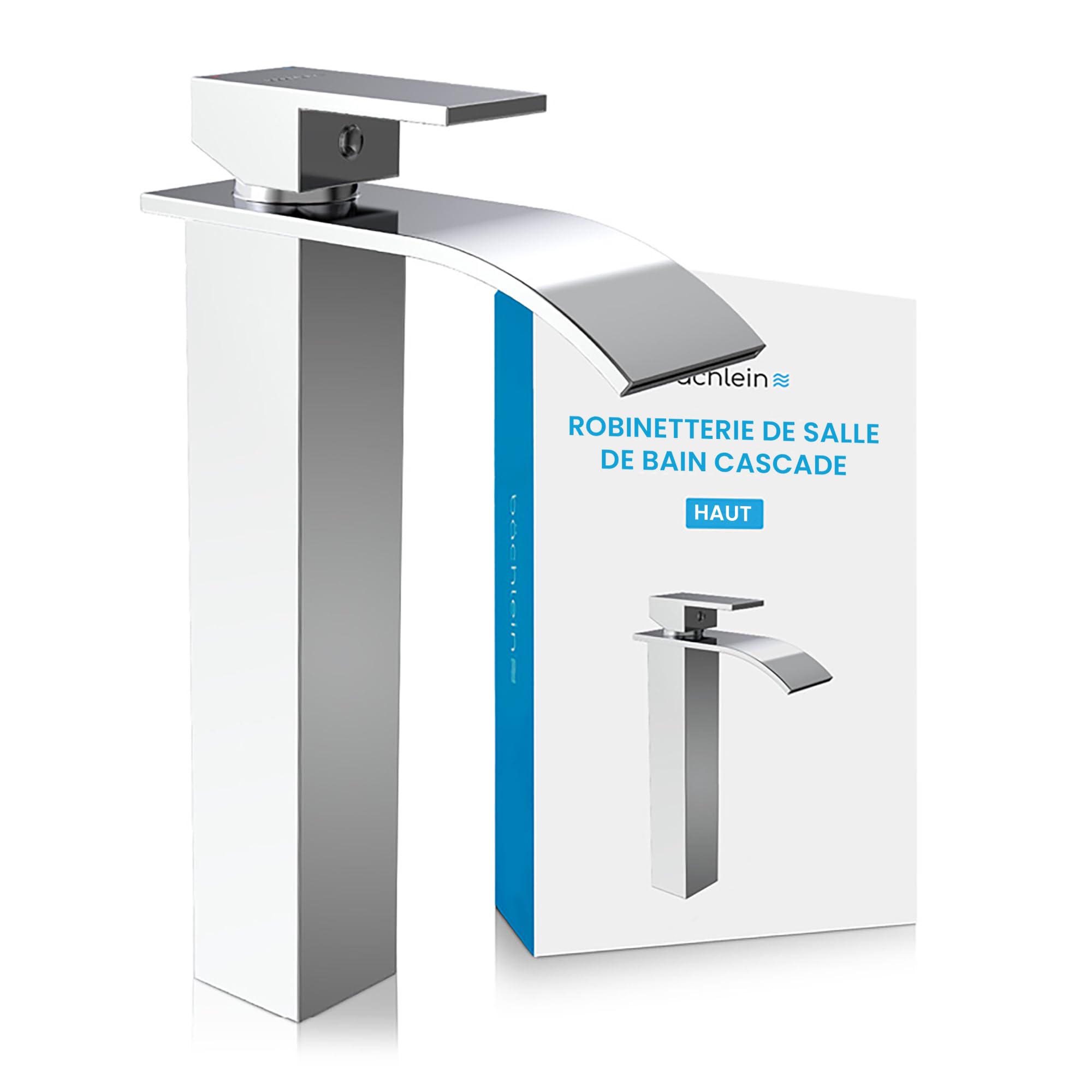 Bächlein Robinet de salle de bain en forme de cascade - Mitigeur monocommande extra haut avec kit de montage pour lavabo à poser - Chromé
