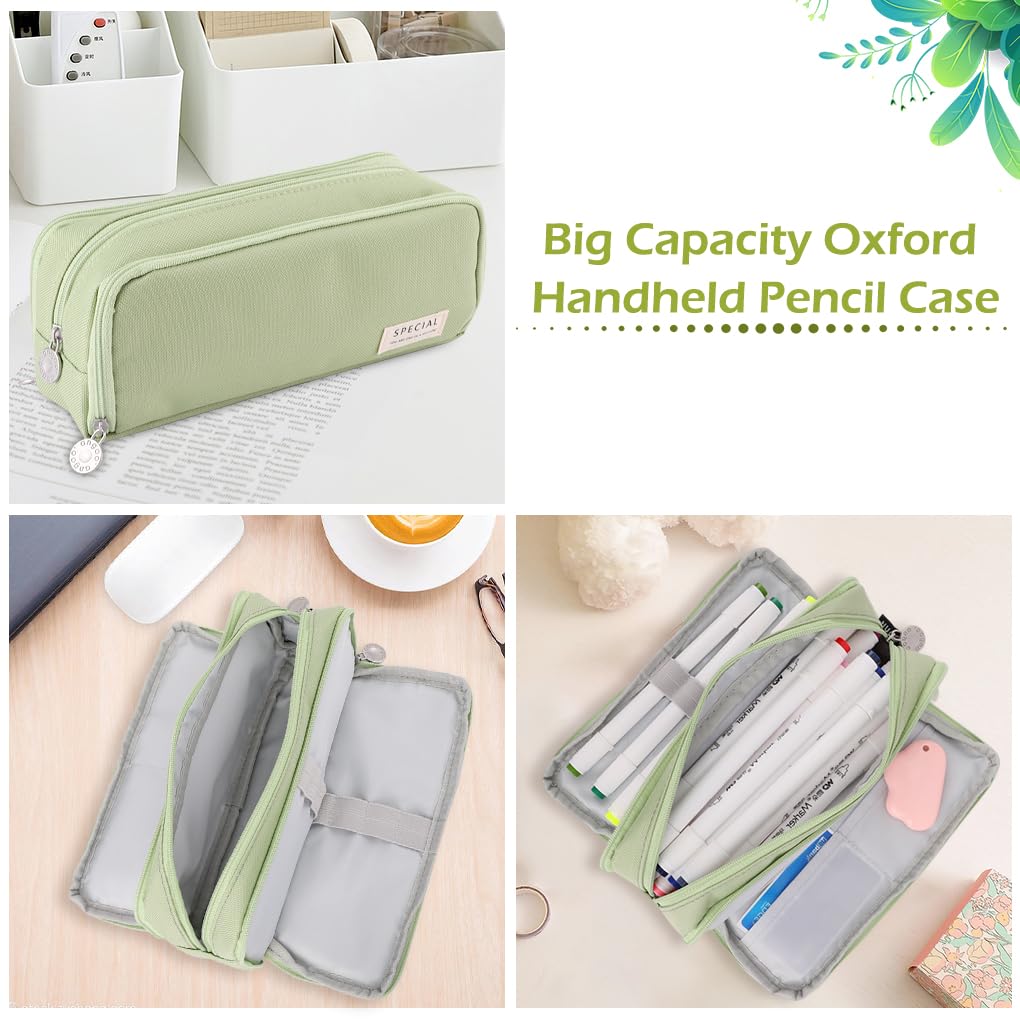 Oyachic 3 Compartment Pencil Case Large Capacity Pen Pouch Oxford Storage Bag Cosmetic Makeup Case for Men Women Adults Travel Business Office (Green) - Image 3