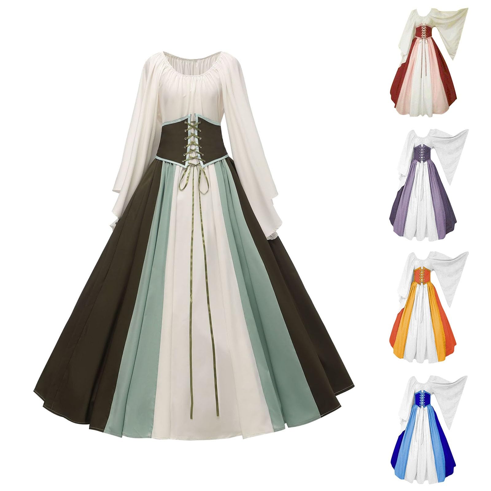 Womens Renaissance Costume Vintage Elegant Lace up Halloween Gown Princess Dress with Corset Medieval Evening Party Prom Cocktail Swing Victorian Dresses for Ladies