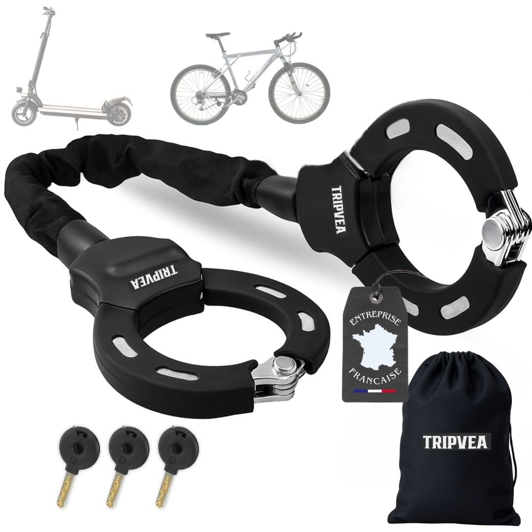 TRIPVEA® Antivol trottinette électrique, velo, poussette - Cadenas ultra résistant - antivol menottes chaîne 10 maillons - longueur 56 cm - Ø 8 cm - serrure + 3 clés (Antivol Chaine 90 cm)