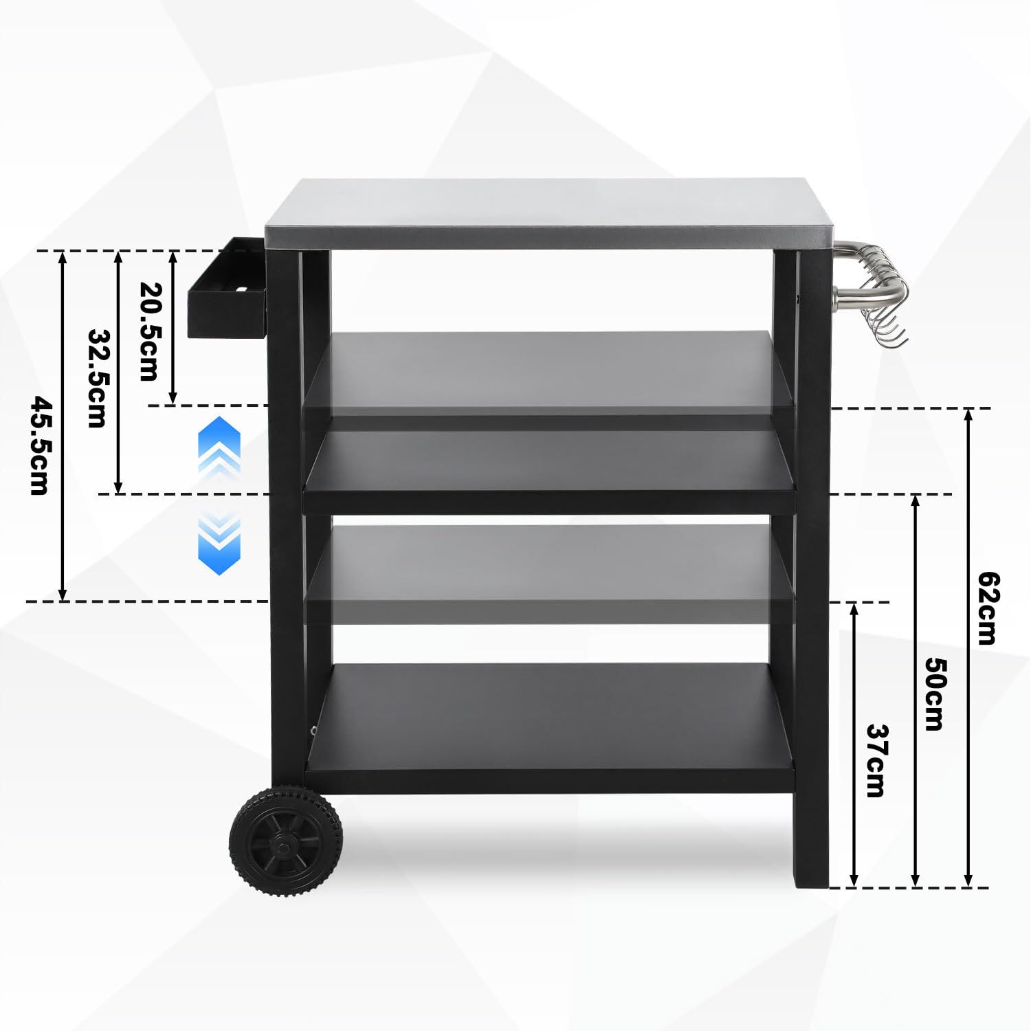Carro de barbacoa regulable en altura, mesa de barbacoa con 3 estantes, 6 ganchos, asa y estante para especias, carrito de cocina al aire libre con ruedas, mesa de acero inoxidable para jardín