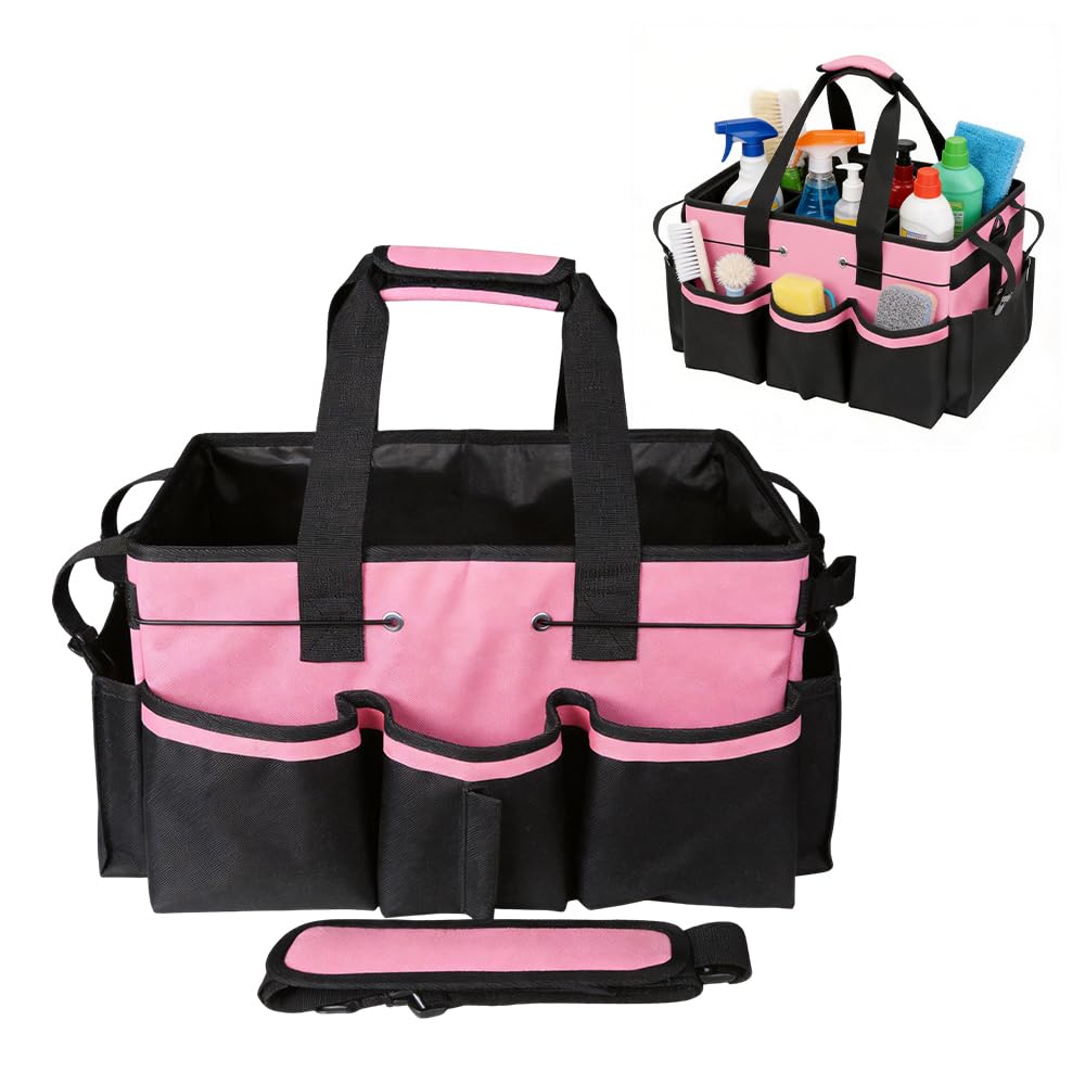 Wxeadu Pink Cleaning Caddy Bag, Cleaning Caddy With Handle, Large Cleaning Tote Bag With Adjustable Shoulder Straps, Multi-Compartment Cleaning Products Organiser For Housekeeper, Home, Car, Garden