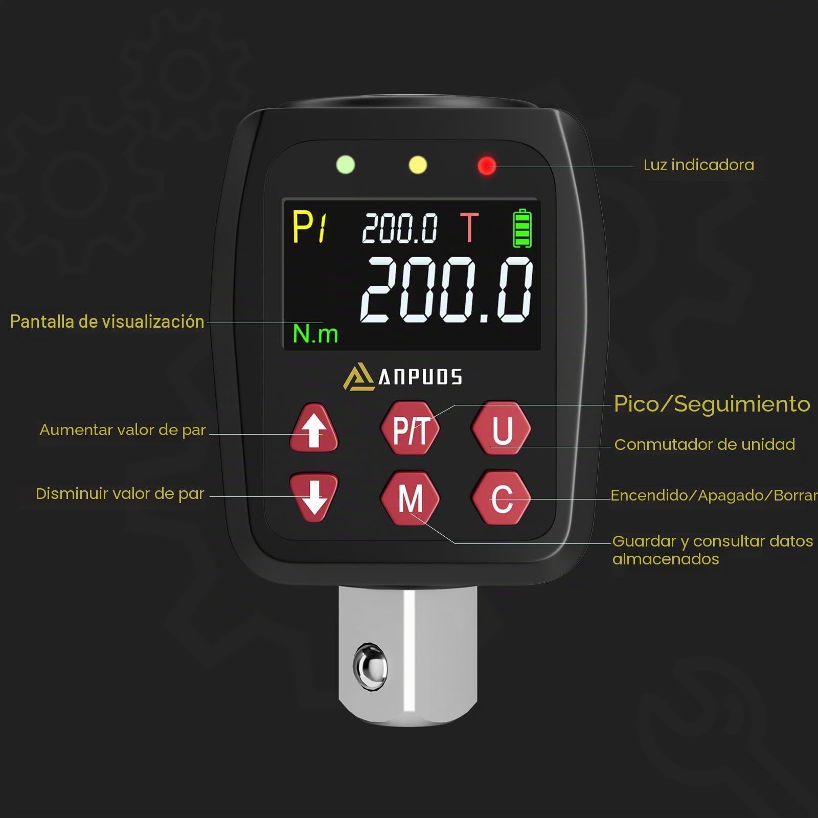 ANPUDS Llave Dinamométrica Digital, 1/2" Adaptador de par Digital 10-200Nm, Alta Precisión ±1%, Memoria Preestablecida, Zumbador e Indicador LED con Adaptador de 1/4" y 3/8" para Coche, Moto