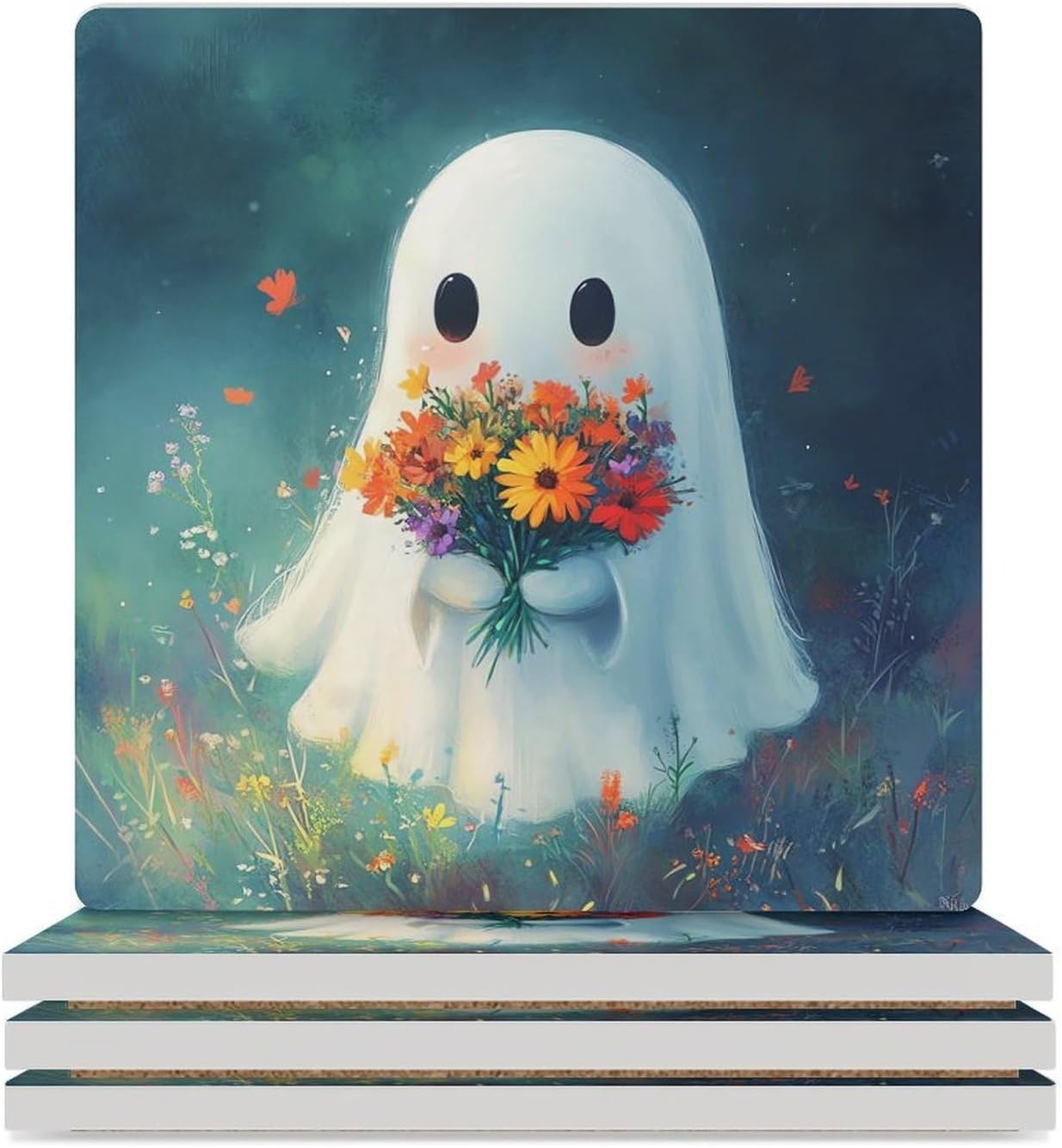 Ghost Flowers Ceramic Coasters Set Square Drink Coasters Table Coaster for Kitchen Desktop Decor