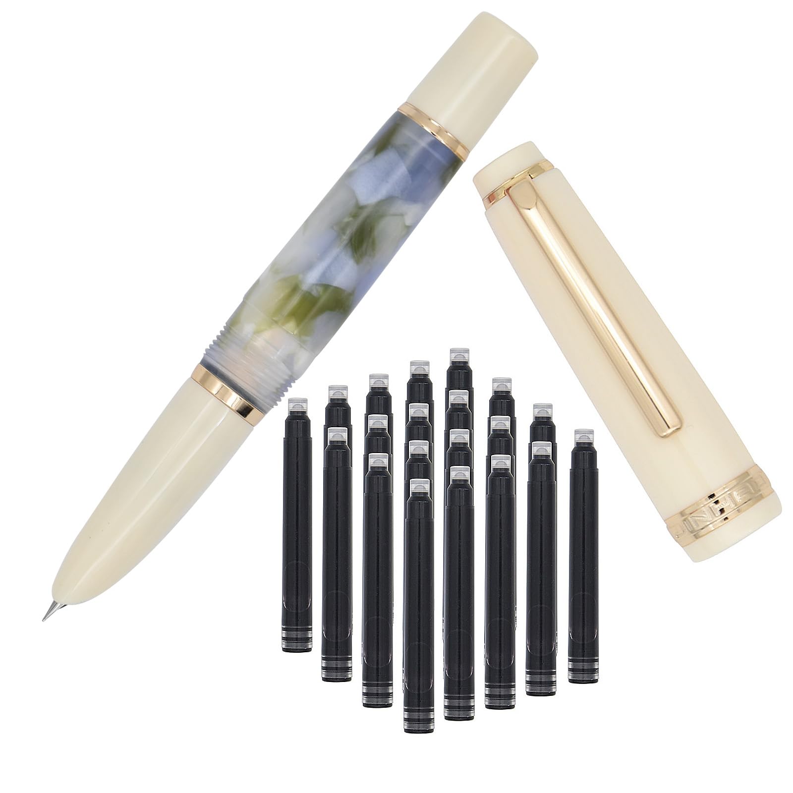 SIPLIV Jinhao 82 Mini Acrylic Fountain Pen, Short Paragraph Pocket Travel Pen with Ink Converter and 20 Black Ink Cartridges - Extra Fine Hooded Nib,