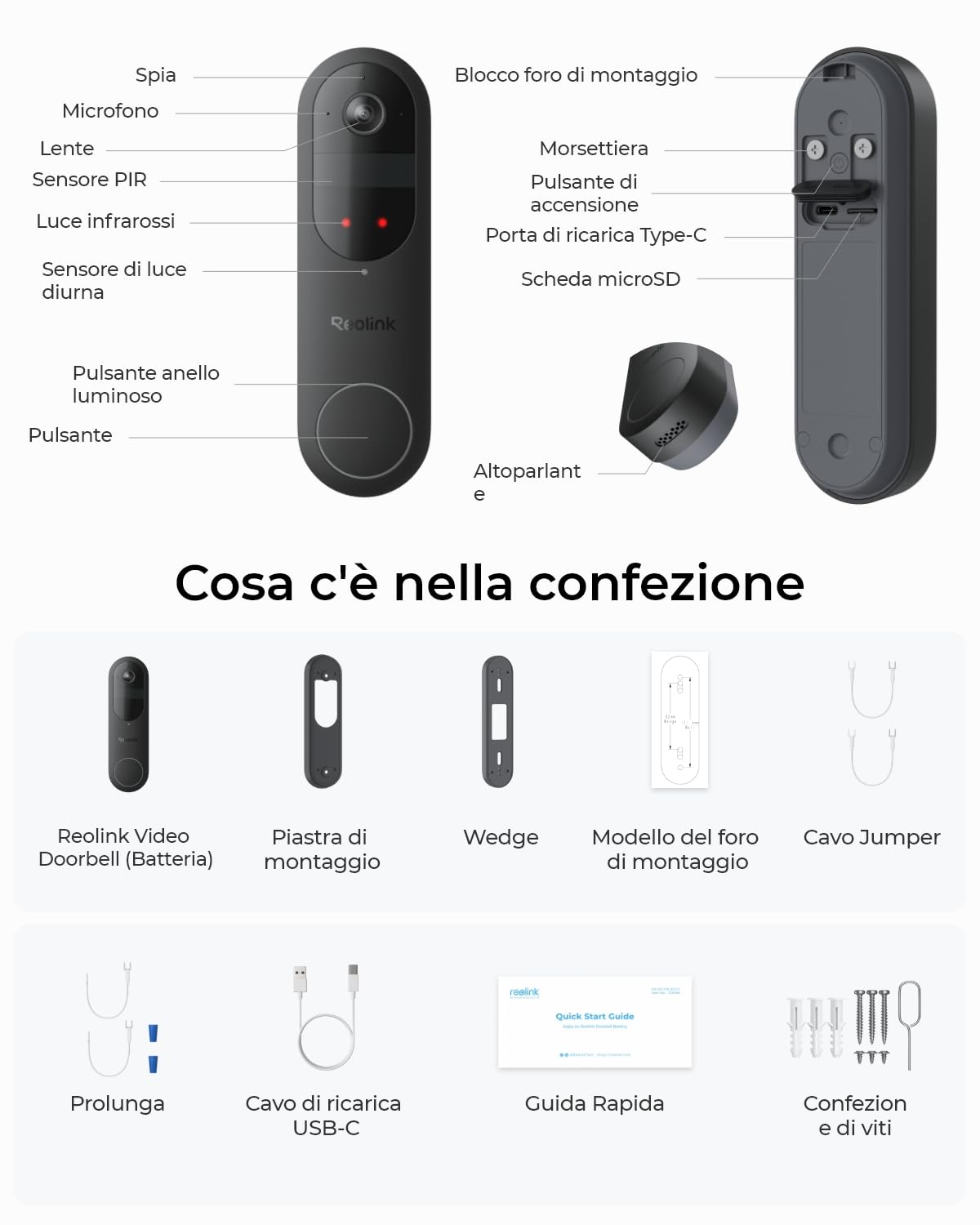 Reolink Doorbell Camera a batteria, Video Doorbell Camera di sicurezza 2K, Visuale 150°x150°, WiFi 2,4/5 GHz, a batteria o via cavo, Audio bidirezionale, Persone/Veicoli/Pacchi (Chime non incluso)