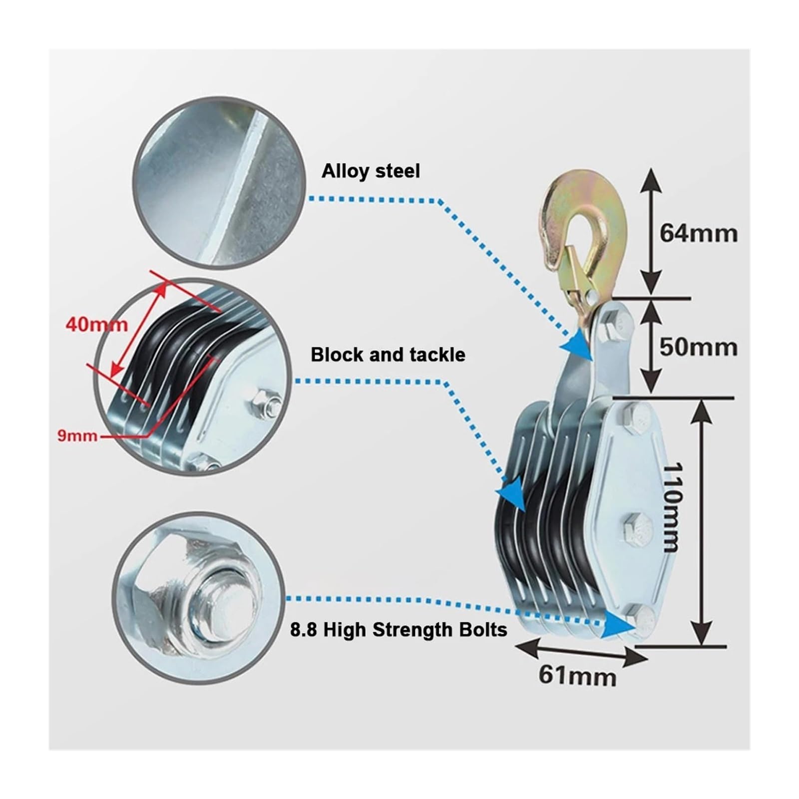 270° drehbarer Seilrollenblock, Zinklegierungshaken, Handkran, Schwerer Polyethylen-Seilrollenzug, manuelles Hebegerät(3 Wheel 15m 1100LBS)