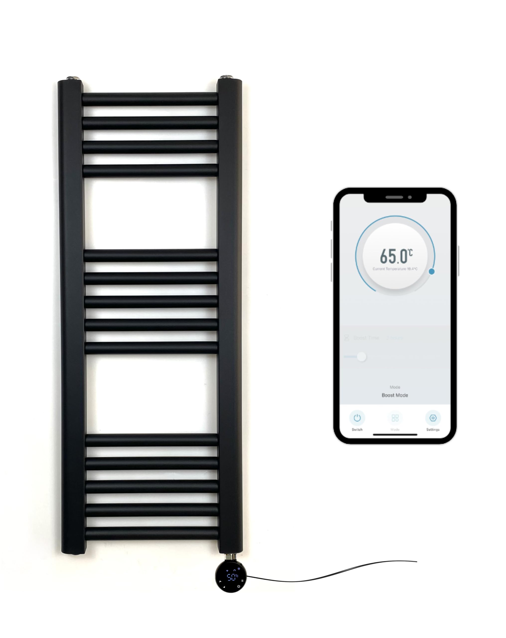Calentador de baño inteligente eléctrico negro mate WiFi 300 mm S x 800 mm W 7 días programador compatible con la aplicación