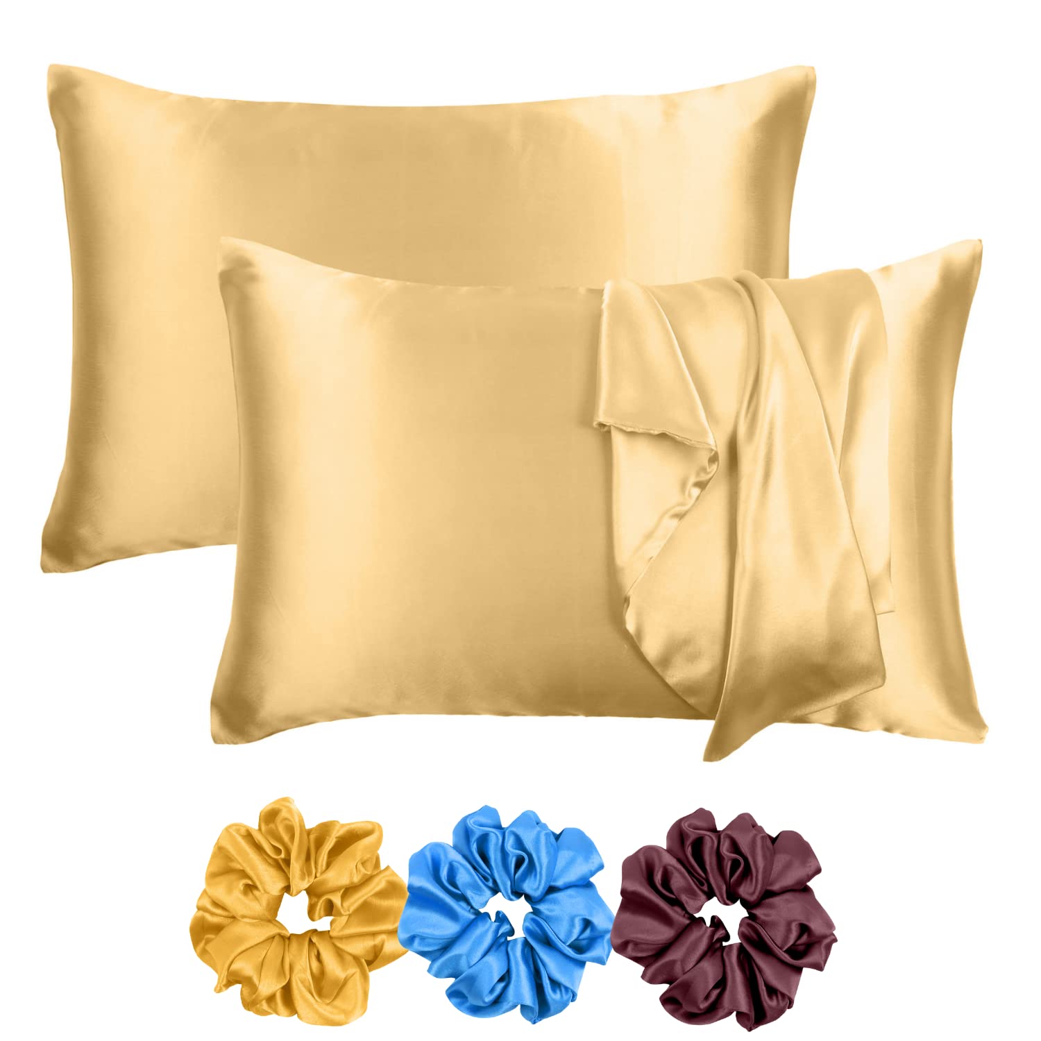 Riara Satin Silk Pillowcase Pillow Case Covers with Envelop Closure for Hair and Skin Home Bed Decor Set of 2 Pillowcase Free 3 Pc Scrunchie (Regular Size (18"x27"), Gold)