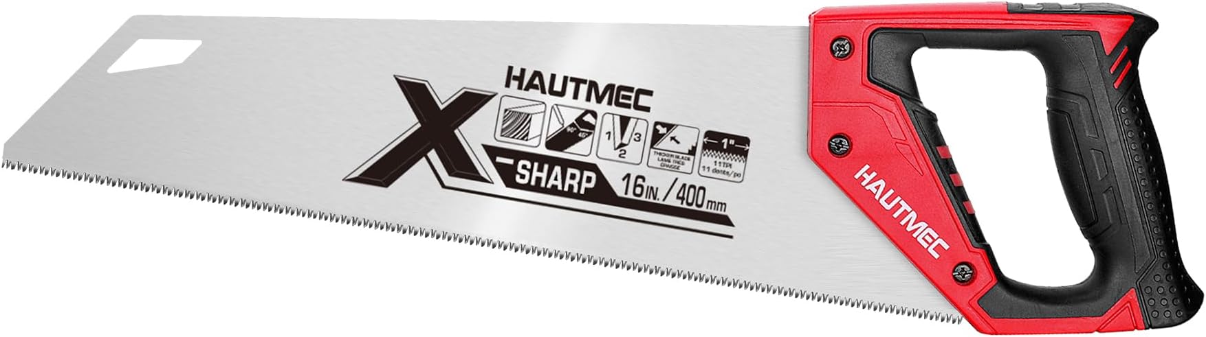 HAUTMEC 400MM X-Sharp Pro Hand Saw for Speed, Cuts Quality and Accuracy, Fine-Cut Handsaw with 11 TPI Triple-Ground Teeth & 1mm Thickened Large Blade, Bi-Material Ergonomic Soft Handle – HT0152