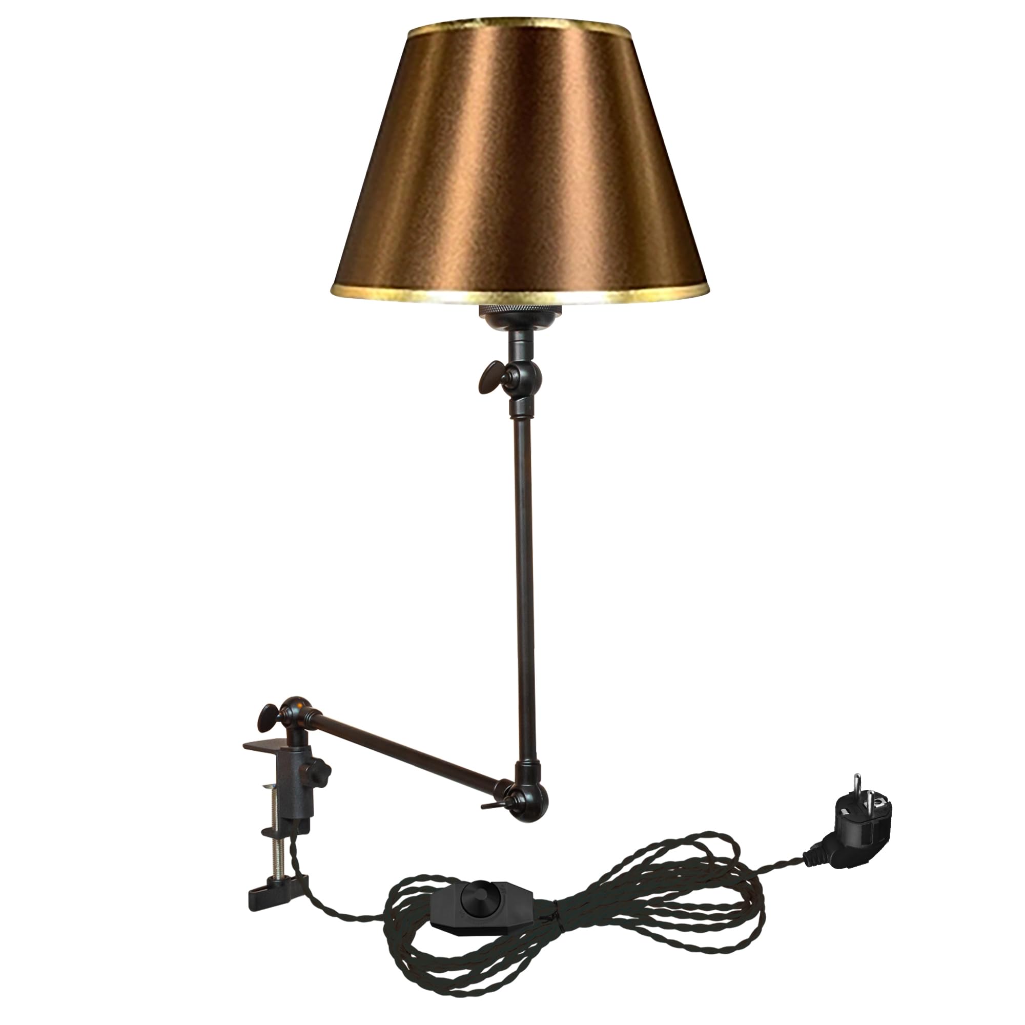 Klemmleuchte Einstellbar, Leselampe mit 2,5 m Kabel und Braun Stoff-Lampenschirm, Dimmbar Nachttischlampe,Augenpflege Schreibtischlampe für Büro Heimgebrauch, E27 Lampenhalterung-TD0642