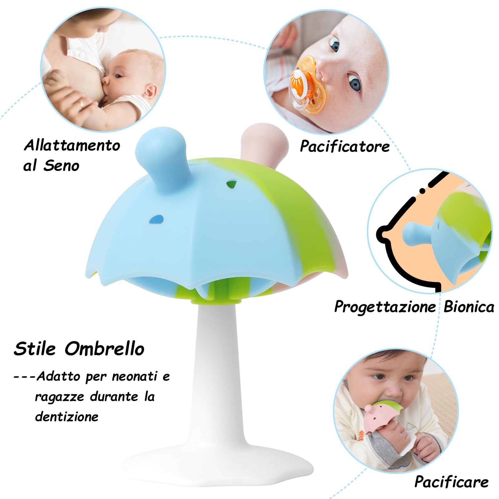 Massaggia Gengive Neonati, Seposeve Silicone Ombrello Giochi Dentizione Neonato con Base a Ventosa per Bambino 0-12, 12-24 Mesi, Massaggia Gengive Neonati Freezer, SENZA BPA, Multicolore