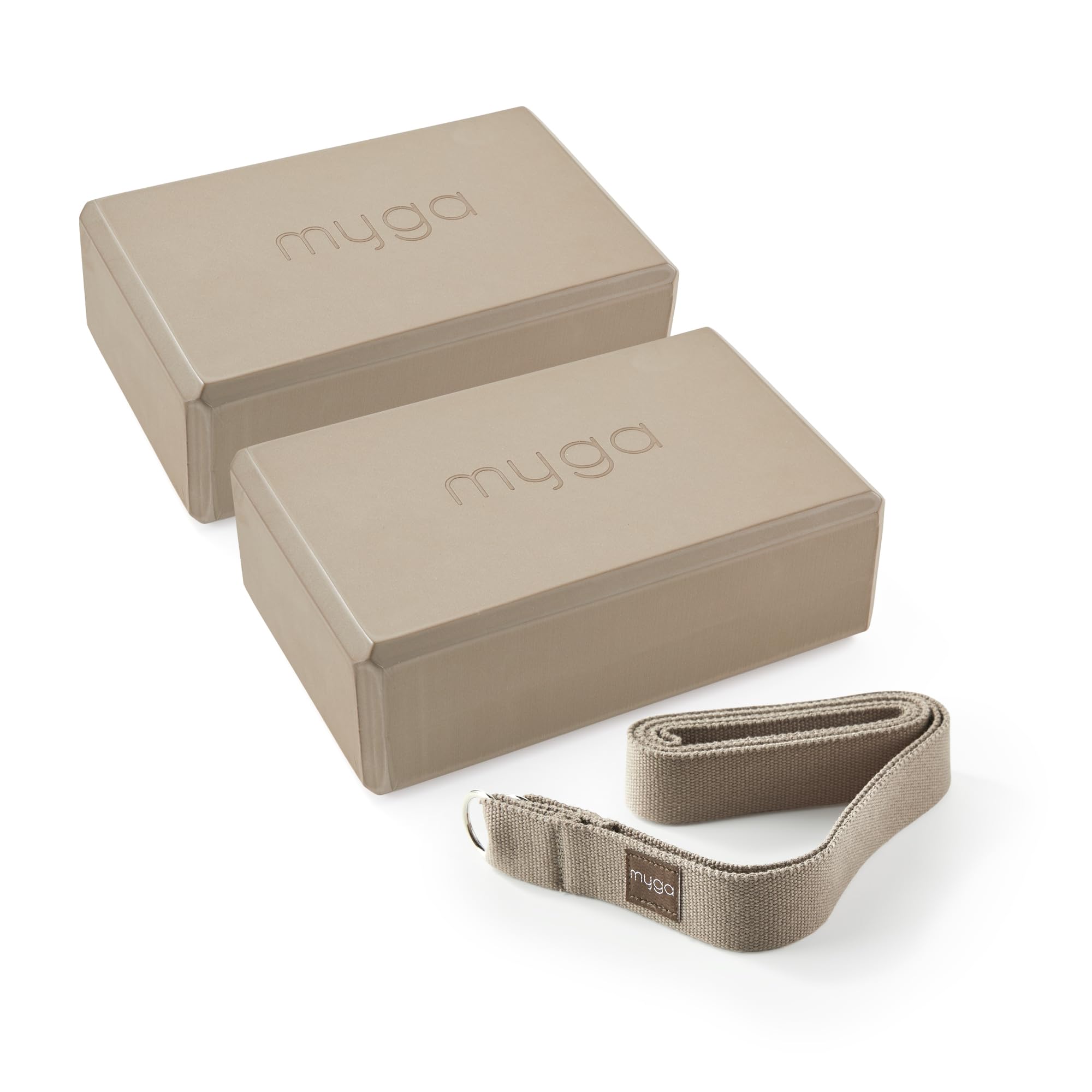 Myga Yoga Blocks & Strap Set - 2 High Density Foam Bricks and Metal D Ring Belt for Yoga, Pilates and Fitness - Support and Deepen Poses, Non-Slip and Lightweight for Home & Gym (Wood)