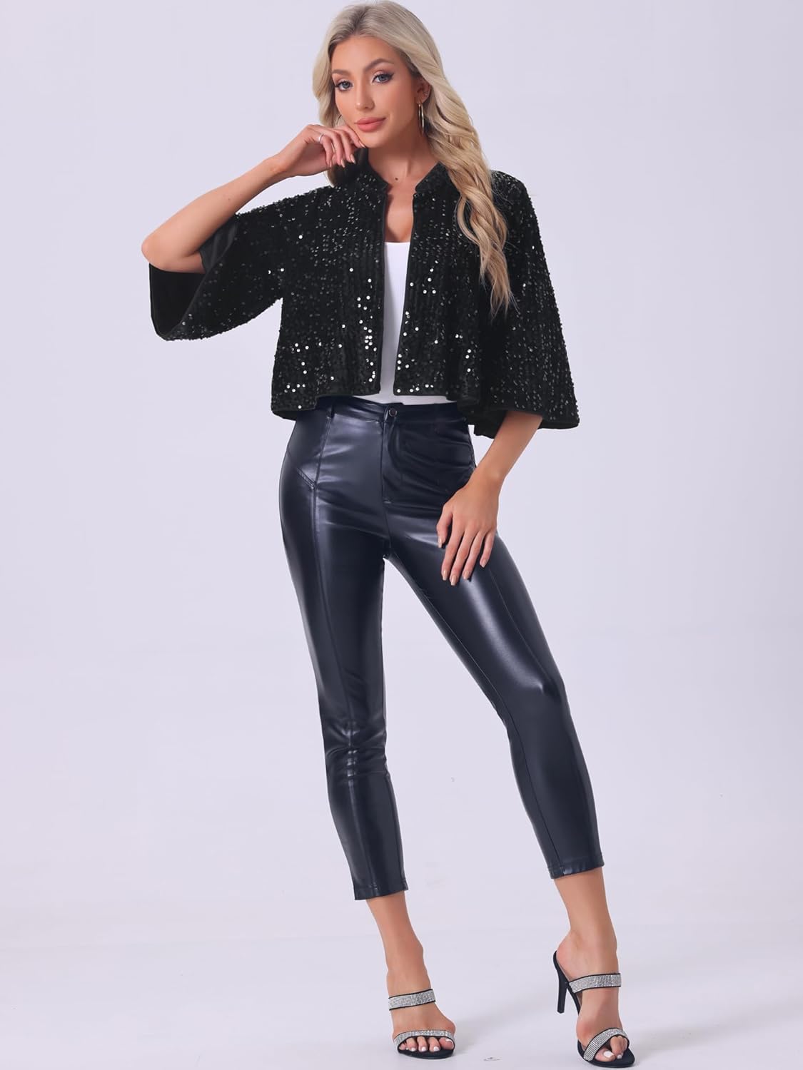 Allegra K Sequin Jackets for Women's Velvet Capelet Cocktail Sprakly Bolero Shrugs