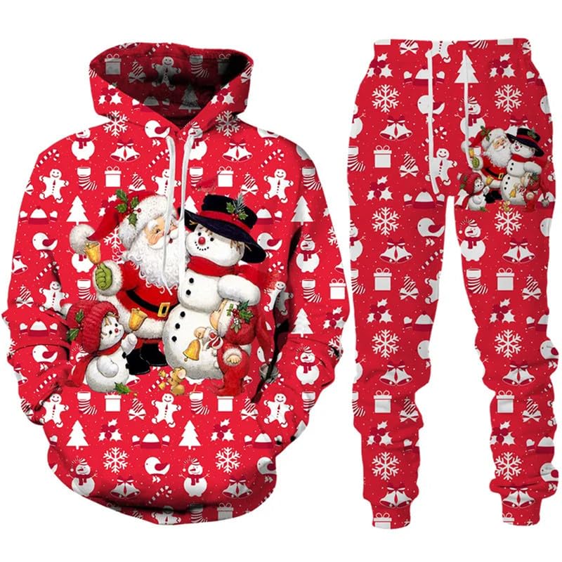 Conjunto de chándal Impreso en 3D de Papá Noel Sudadera con Capucha Unisex + Pantalones Conjunto de 2 Piezas Ropa de Pareja Oversize Informal para Fiestas navideñas