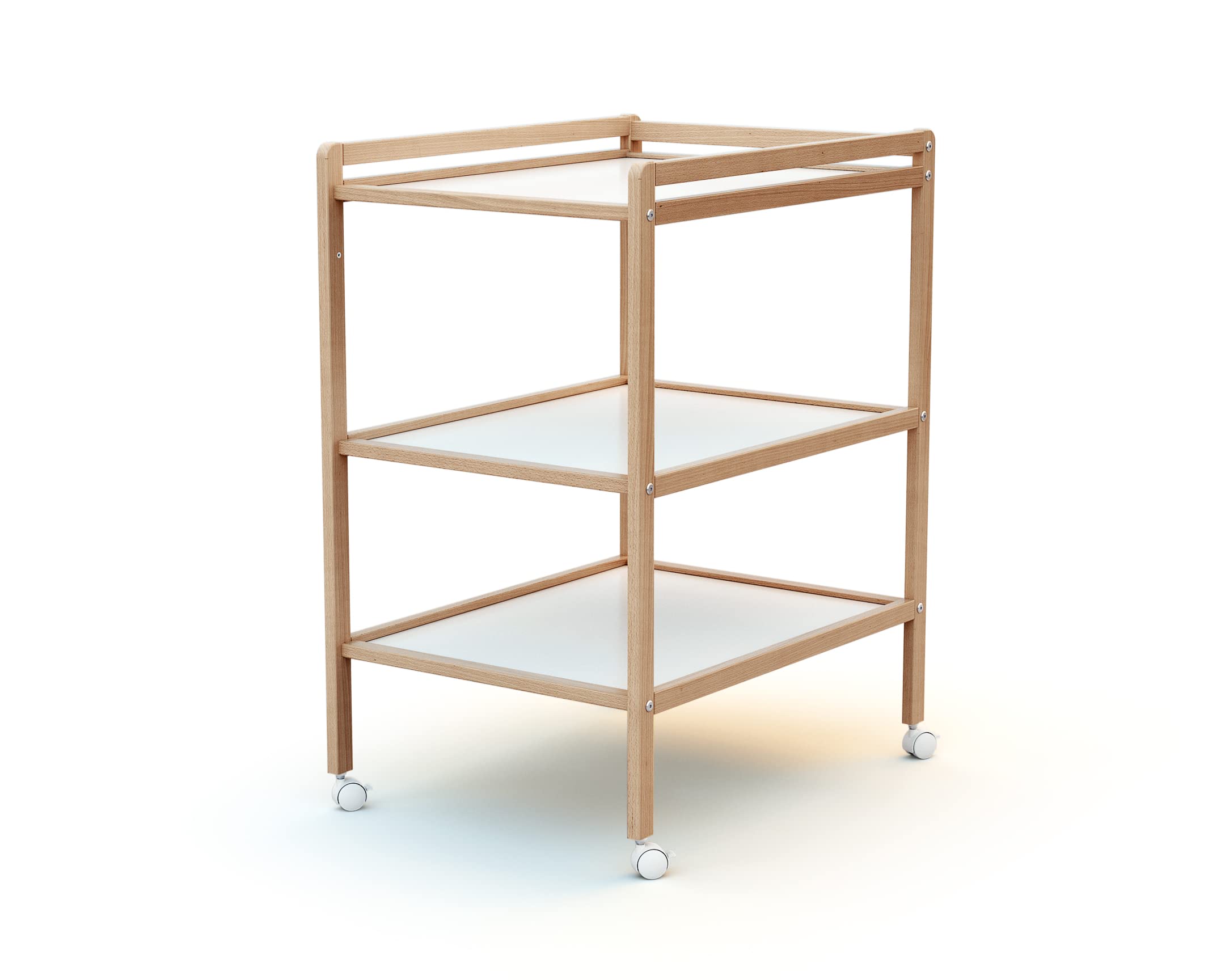 AT4 - Wickeltisch mit 2 Regalen Essentiel Lackierte Buche | 75 x 58 x 94 cm | Wickelkommode mit Rollen | Platzsparend | Kompakt
