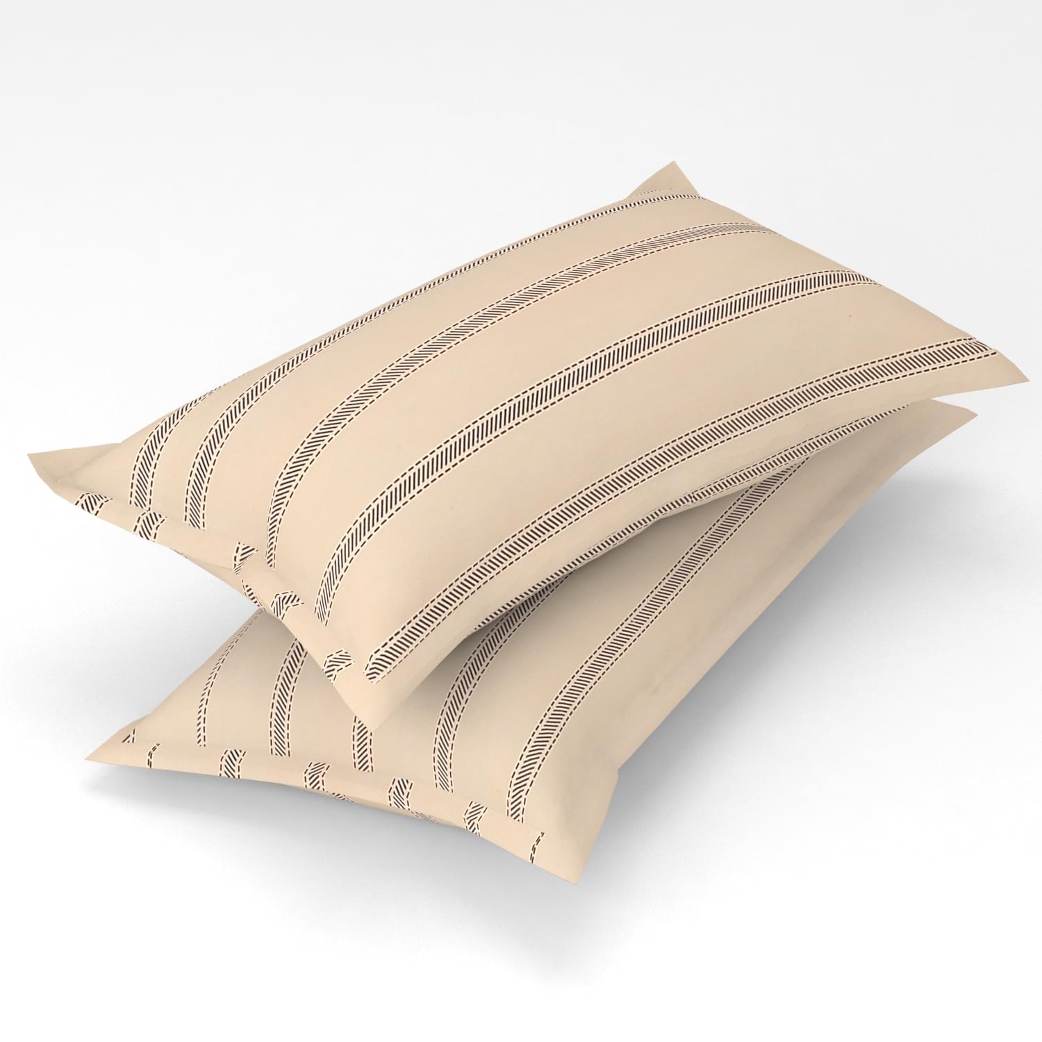 Homefab India 2 Piece Printed Glace Cotton Pillow Covers - Beige, Stripes-image-0