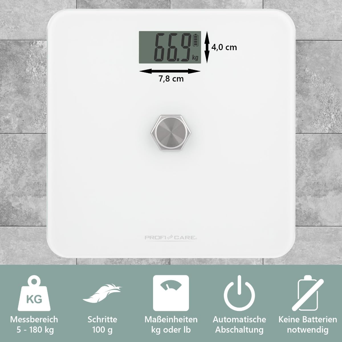 ProfiCare® Personenwaage ohne Batterie | Waage mit Messbereich von 5kg – 180 kg & großem LCD-Display | Personenwaage digital mit kinetischer Energie & Glasoberfläche | PC-PW 3112 weiß