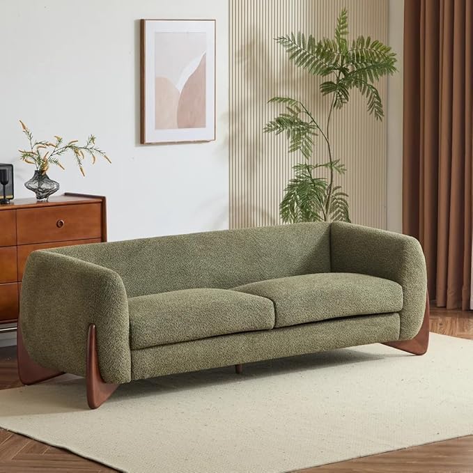 Image of Upholstered 3 Seater Sofa Three Seater Sofa with Wooden Legs for Living Room Hotels & Offices (Boucle Green 3+1+1 Sofa Set)