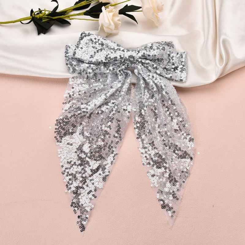 Glitter Hair Bows for Girls Big Bow Hair Clips Large French Ribbon Bowknot Hair Barrettes for Women Party Silver Metal Clips Oversized Long Tail Hair Bow Clip Sparkly Hair Accessories for Thick Hair image 5