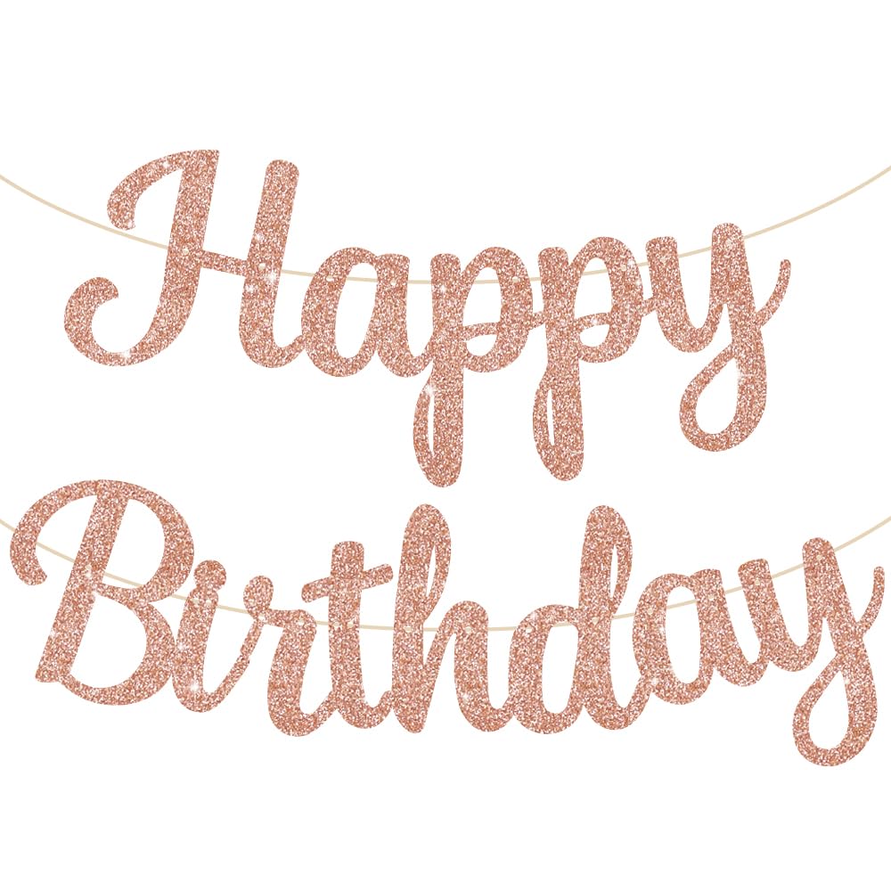 BEISHIDA Rose Gold Happy Birthday Banner - NO DIY,10Feet,Pre-Strung-Glitter Rose Gold Backdrop Happy Birthday Sign,Decorations for Women,Bday Party Decorations