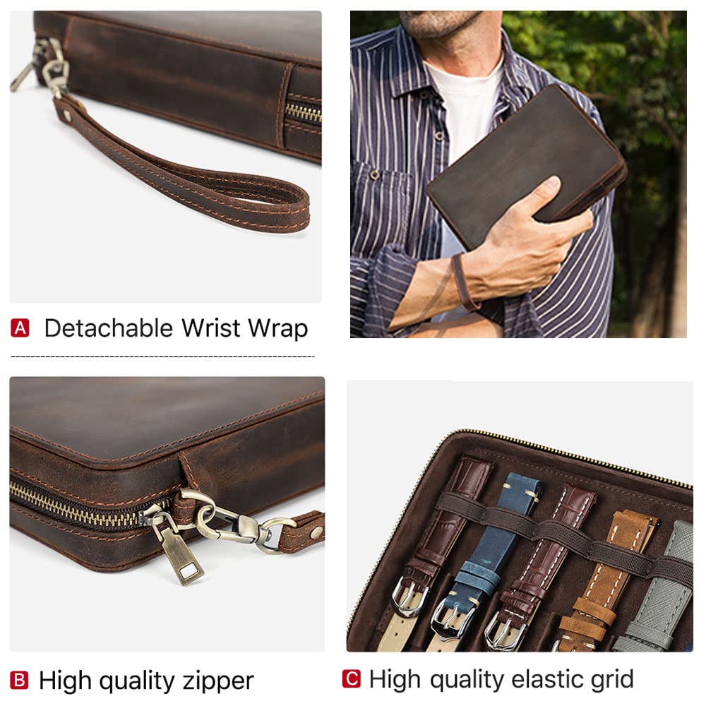 Contacts Custodia in pelle da viaggio con 12 scomparti per orologi da uomo, organizer per cinturini per orologi da uomo, compatibile con la maggior parte dei cinturini