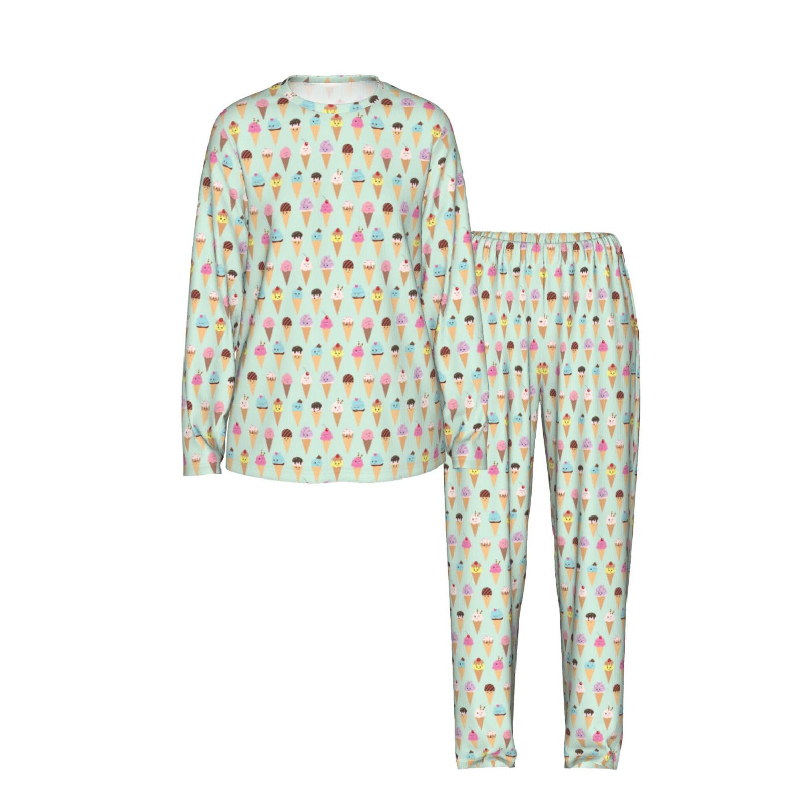 Ice Cream Cones Stampa Delle Donne Manica Lunga Set Pigiama Corrispondente Morbido Elastico Coulisse Casual Daywear