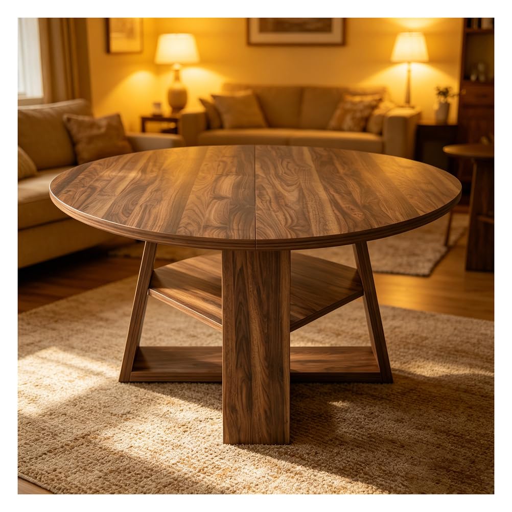 Mesa de comedor extensible de madera de nogal, redonda, con estante, para 4-6 personas, moderna, que ahorra espacio