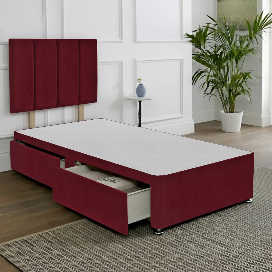 SANA SLEEP Single Divan Bed with Headboard & 2 Drawers โ Plush Mulberry Fabric, 3FT UK Made, Bedroom, Guest & Kidsโ Room, Space-saving, Luxury Comfort