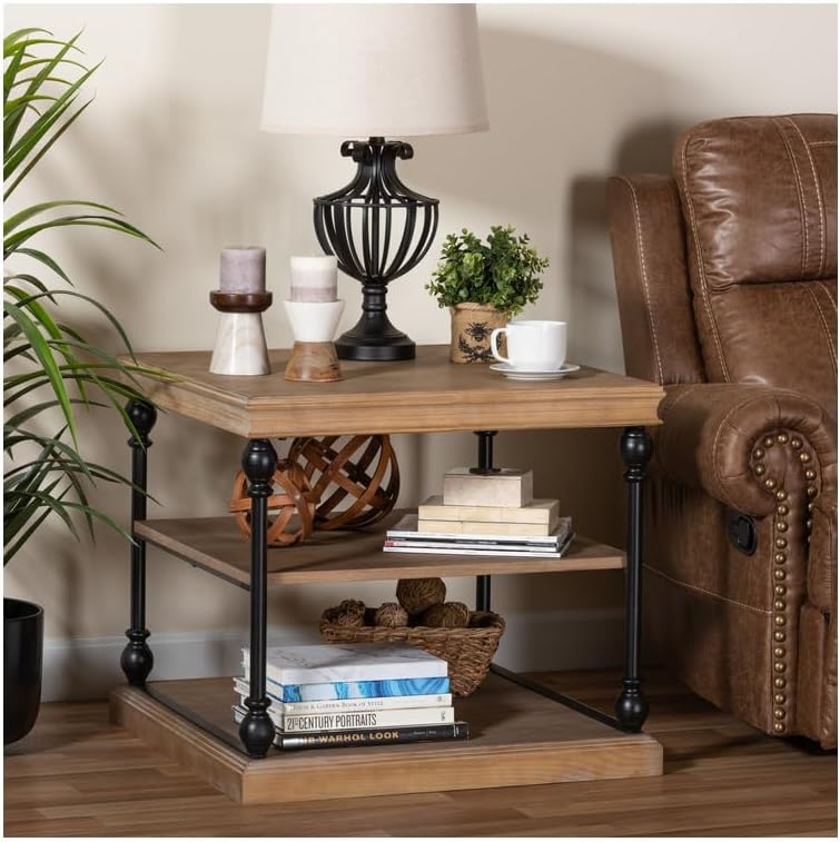 HomeStock Grey Washed Wood & Metal 3-Tier End Table - Living Room Accent Furniture