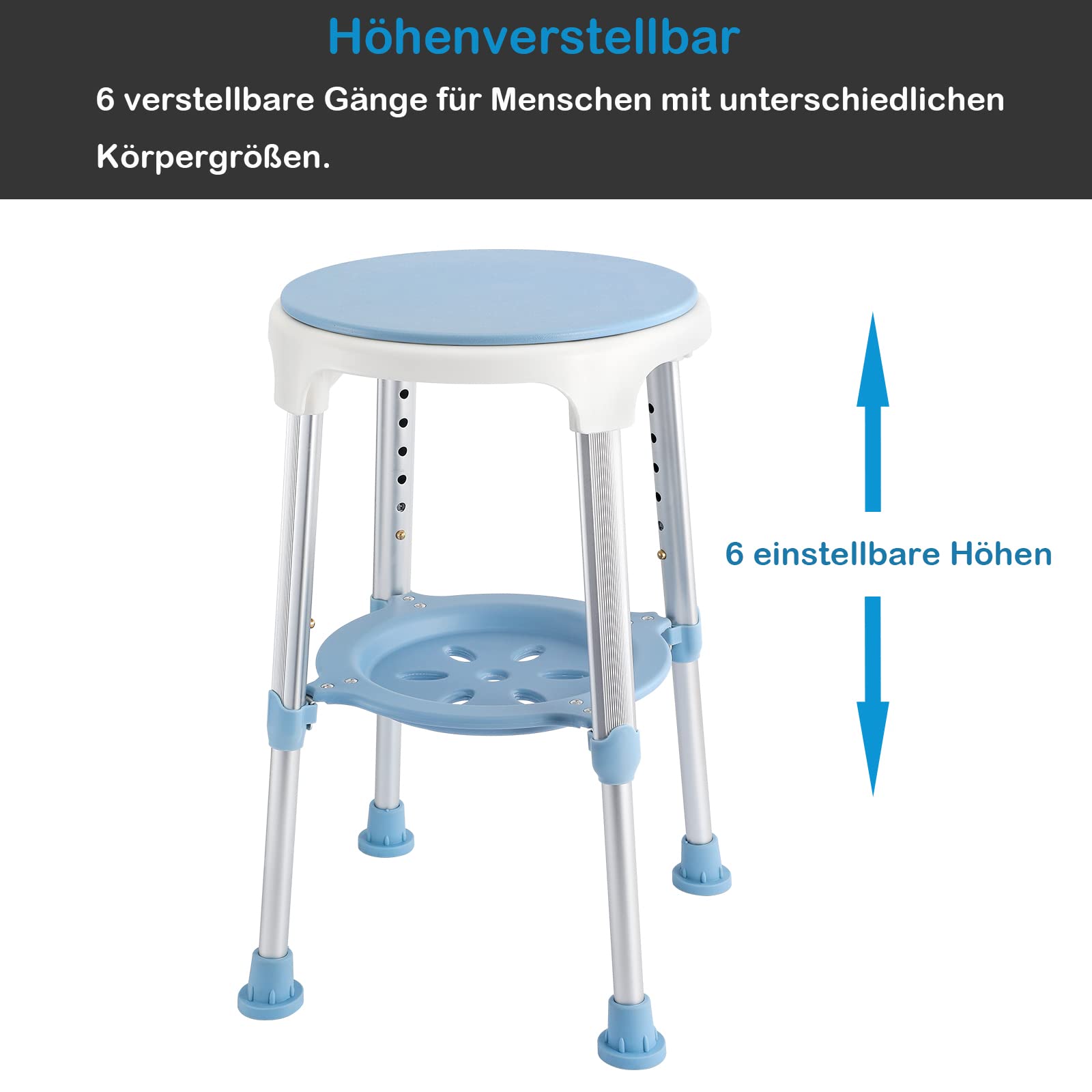 LARS360 Medyczne siedzisko prysznicowe, obracane o 360°, pomoc prysznicowa, siedzisko prysznicowe, taboret prysznicowy z uchwytem do wanny z aluminium i HDPE, regulacja wysokości, obciążenie do 150 kg