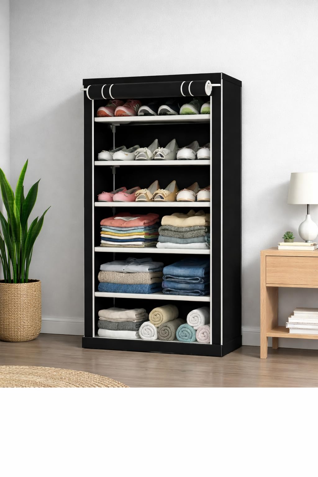 PVC Pipe Storage Rack, 6 Tier Shelving Unit, 108cm Height, 60x30cm, PP Joints, Zipper Door, Side Pockets-image-42