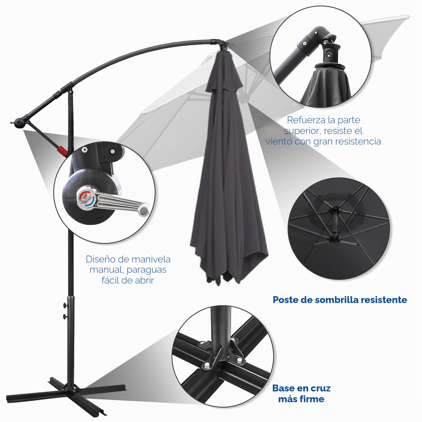 Fiqops Sombrilla de 300-350 cm de diámetro, con manivela con/sin luces led solares, con soporte, para jardín, protección solar, protección ultravioleta, sombrilla de mercado impermeable con manivela