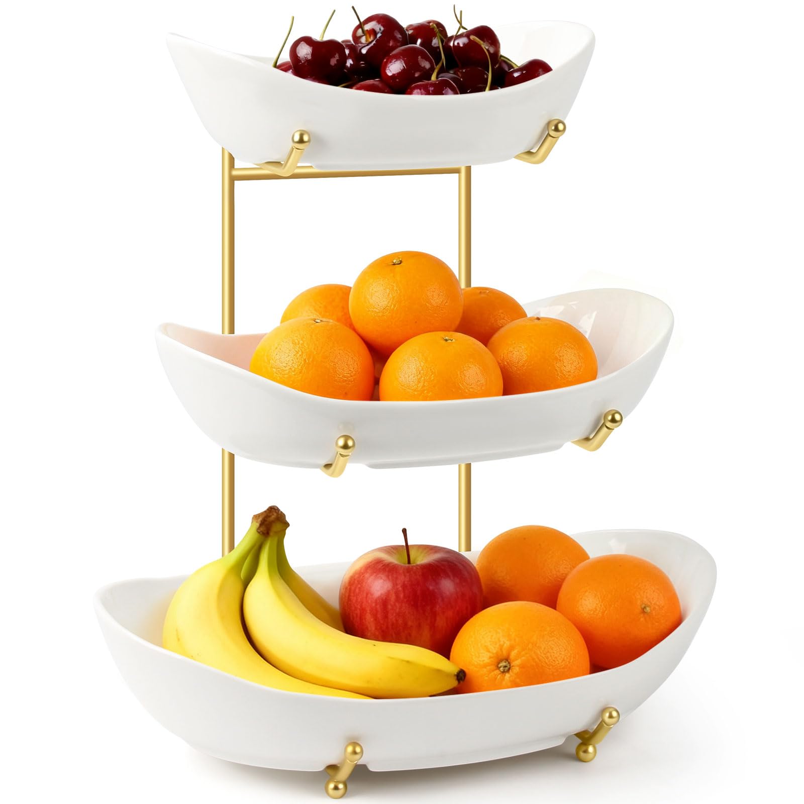 Photo 1 of **TOP BOWL CRACKED** YUNLINLI Fruit Bowl for Kitchen Counter Large, 3 Tier Fruit Basket for Counter, Ceramic Holder, Tiered Stand with Metal Stand, Detachable Rack for Fruit Vegetable Snack Dessert Storage (White)