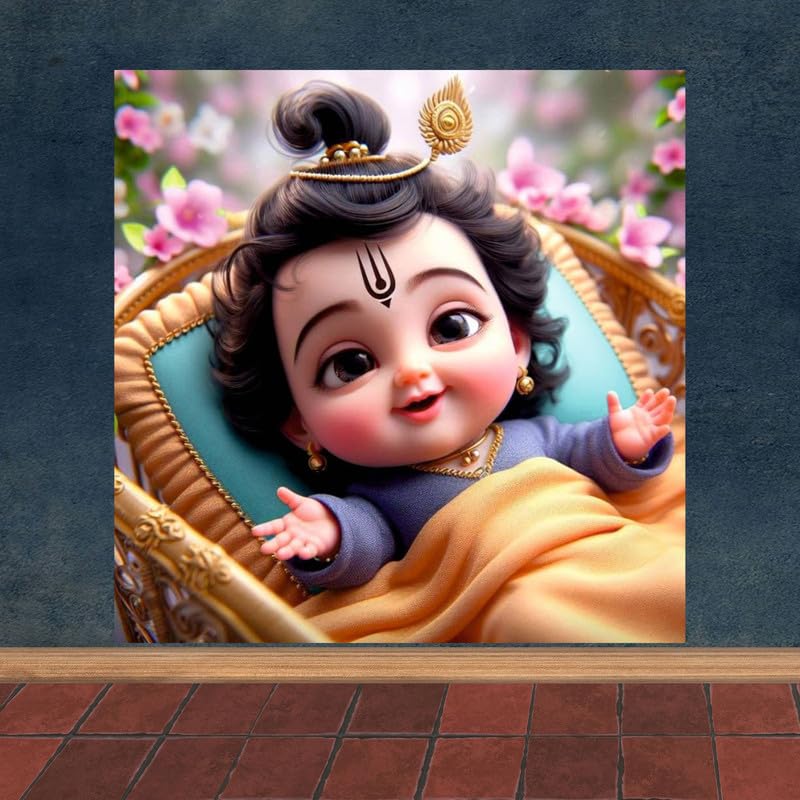 Image of British Terminal Cute little Bal Gopal Baby God Krishna| Kanha Ji | Laddu Lord Makhan Chor Painting Religious Poster for Pregnant Women for wall (matt thin vinyl,sticker,multicolor,unframed)| bj199