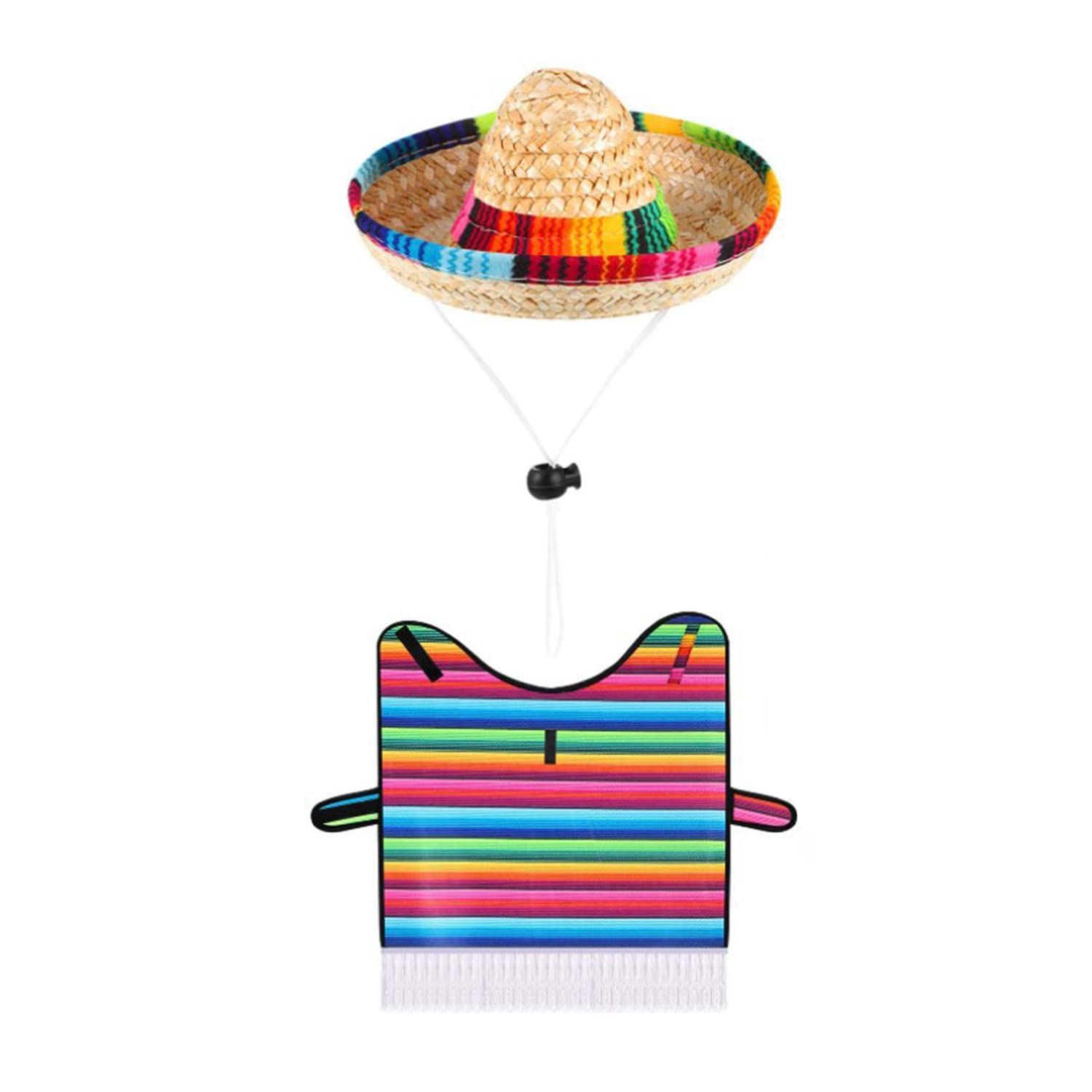 Bohue 2Pcs Pet Costume Set Pet Sombrero Hat Rainbow Pet Cloak Woven Straw Hat Multicolor Bandanas Clothing Accessories Adjustable Mexican Pet Costume for Holiday Party