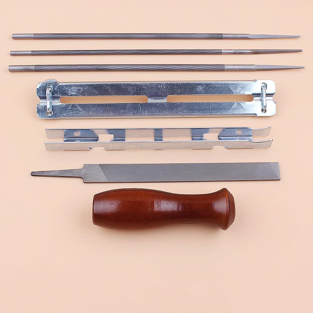 ROEDE 7 unids/Set Kit de Archivo de Archivo de Afilado de Cadena de Motosierra Archivo de 4 mm 4,8 mm 5,5 mm for Stihl 3/8quot; .325" .404" Juego de Soportes de Madera for limas de Cadena